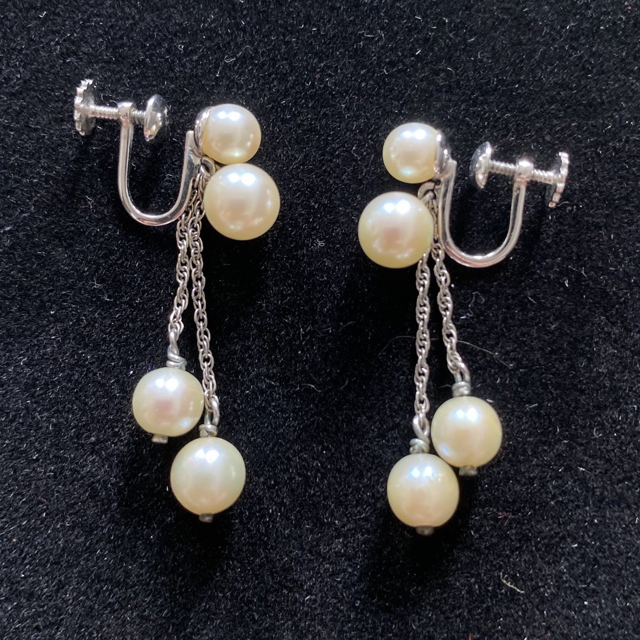 Earrings Champagne Pearls & White Gold 10K Dangle Drop w/ Screw Backs Vintage
