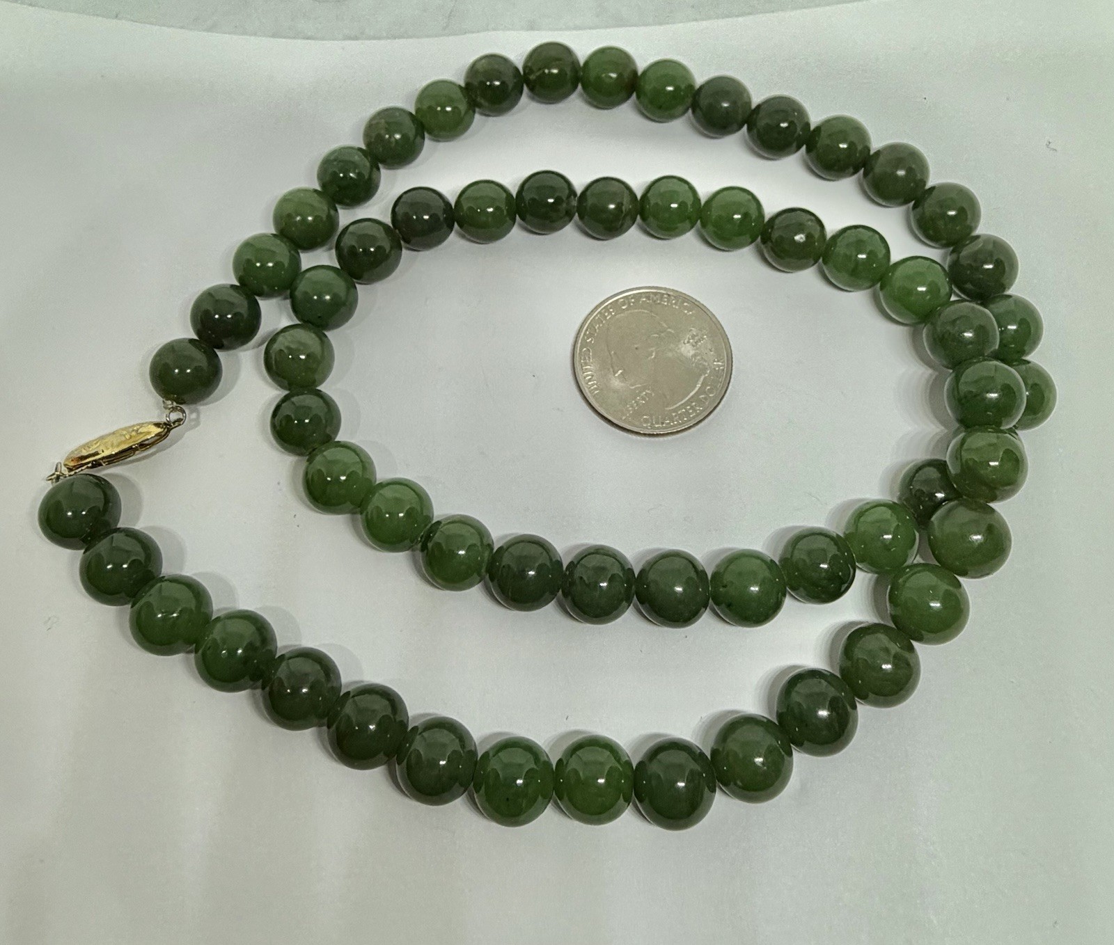 Vintage 8mm Dark Green Jade Beads Necklace Goldtone Clasp 23”
