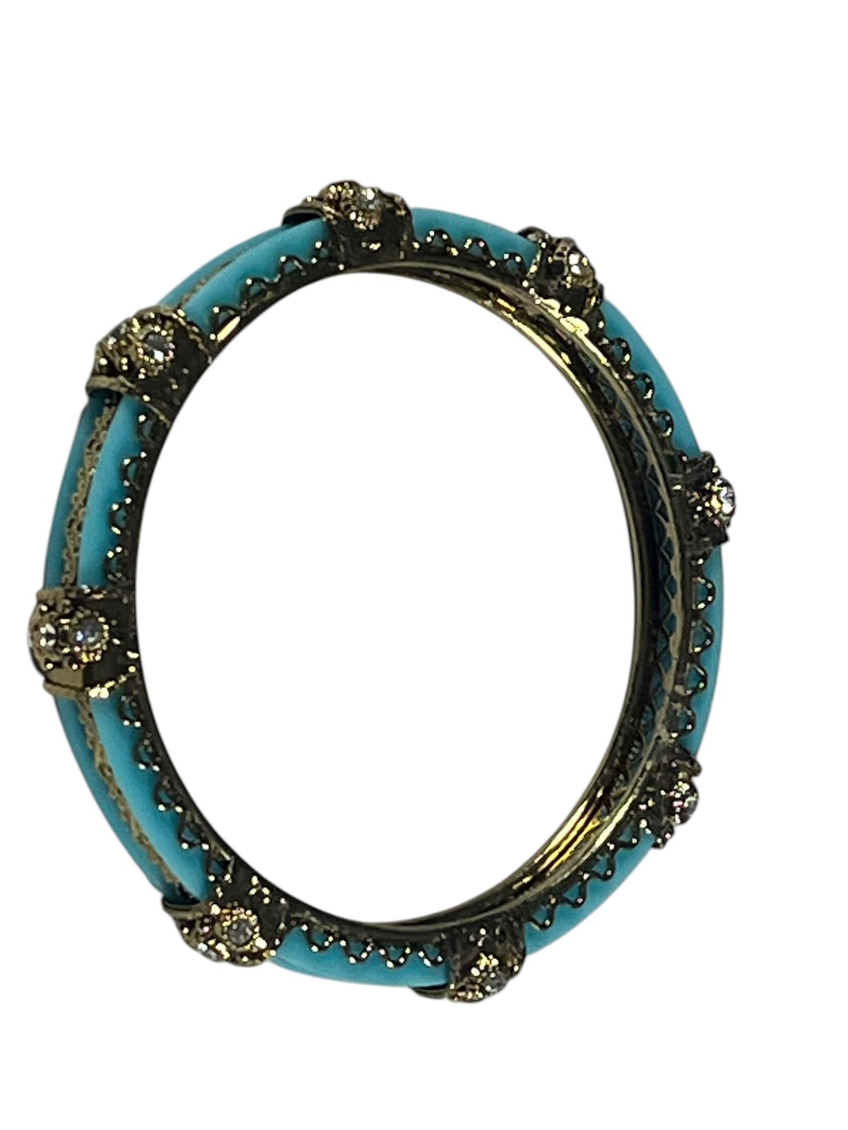 Vintage Gold Tone Turquoise Blue Enamel Rhinestone Hinged Bangle 3″ Bracelet