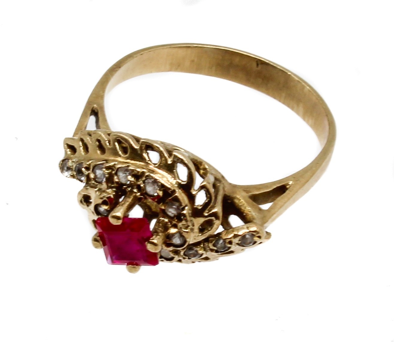 Vintage 10K Gold Princess Cut Ruby Clear Quartz Ornate Filigree Halo Ring Size 6