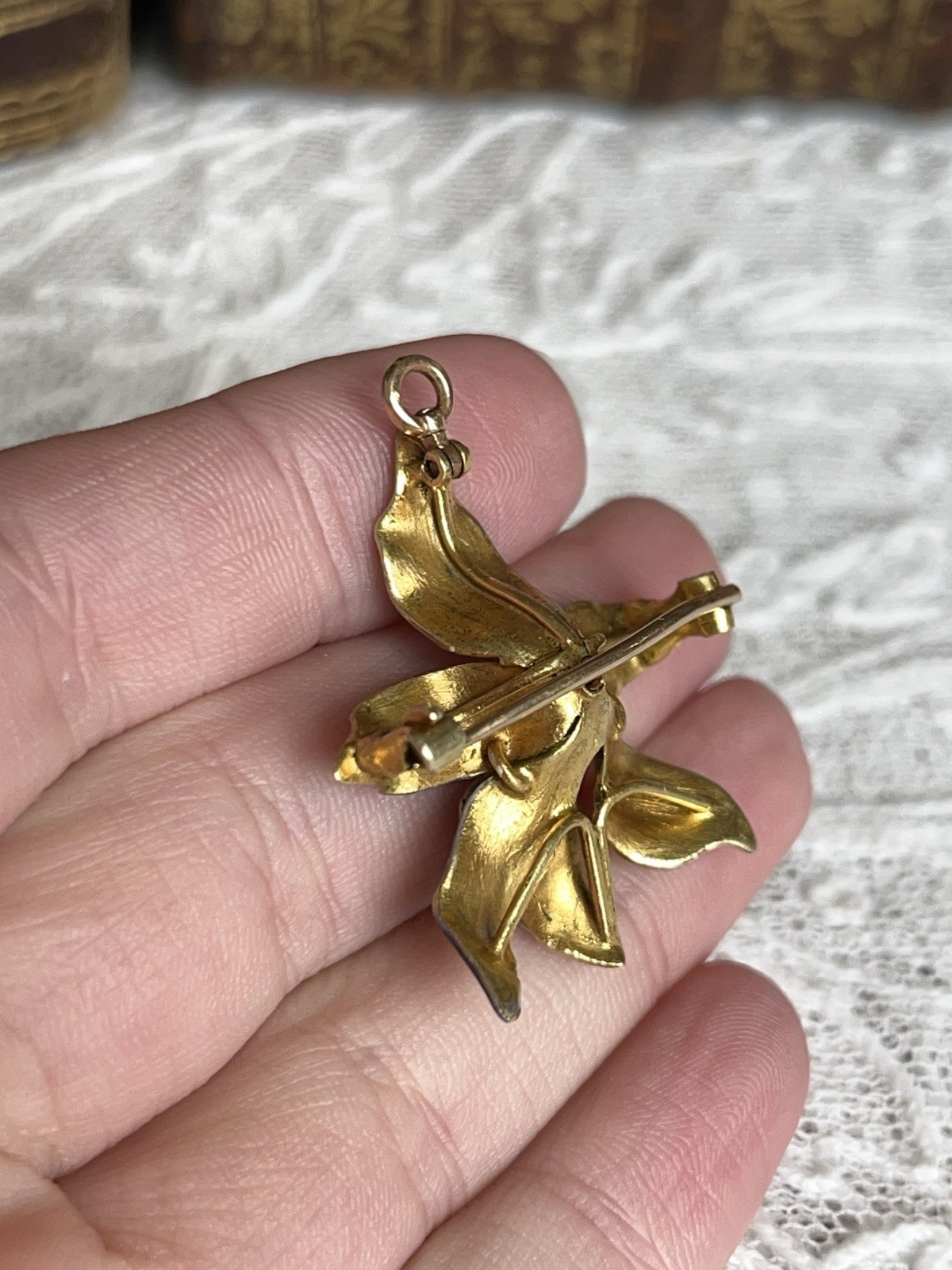 Antique Art Nouveau 14k Purple Enamel Diamond Orchid Brooch Pendant Original Box