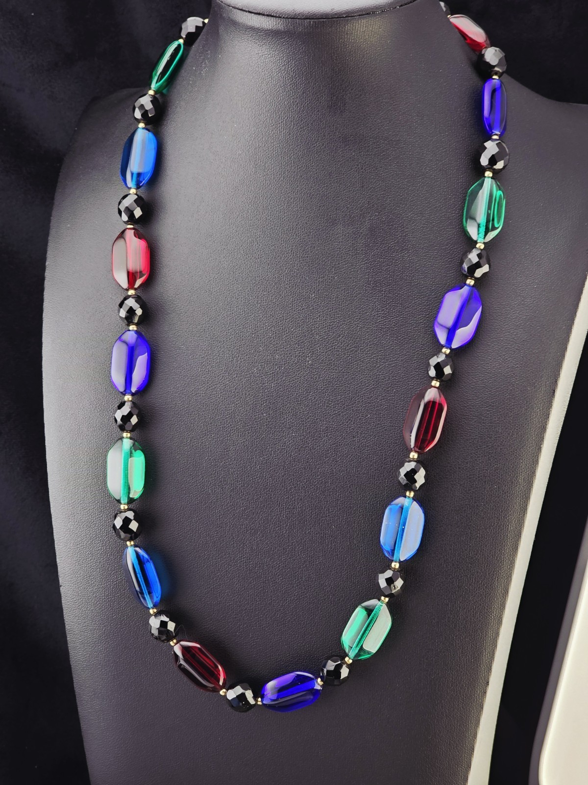 Vintage 1930s Czech Art Glass Necklace Blue & Clear Faceted Beads Handmade
