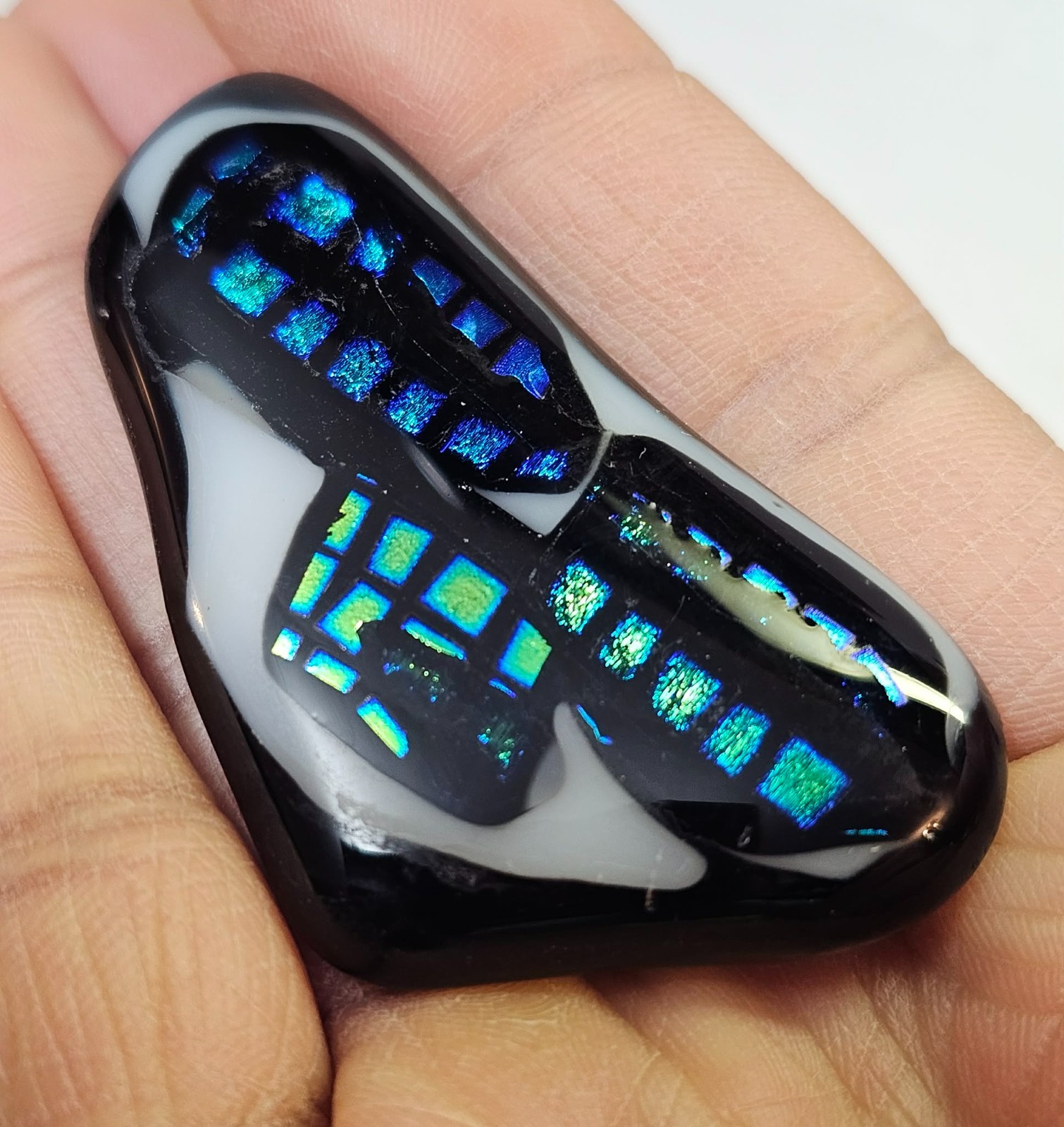 925 Sterling Bail Pendant /brooch Pin w Fused Glass Dichroic Black Blue Green