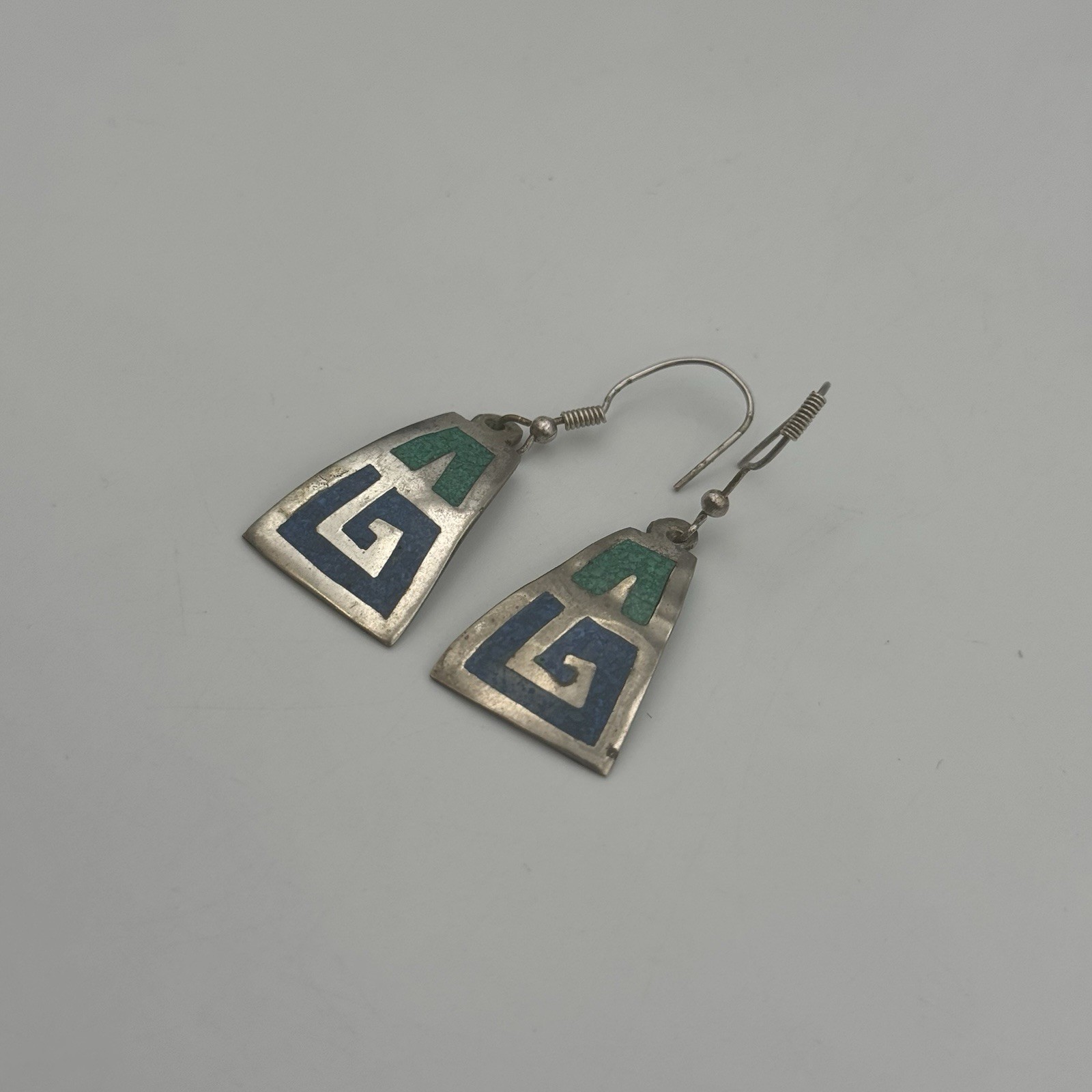 925 Mexico Geometric Earrings Blue + Green Crushed Turquoise Chip Inlay 3.9g