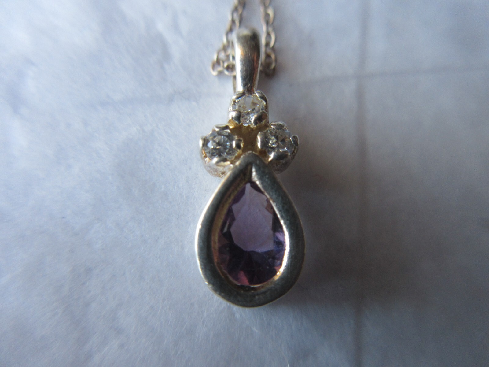 Vintage CW Italy Sterling Necklace & Pear shaped Amethyst Stone 3 CZ Accents