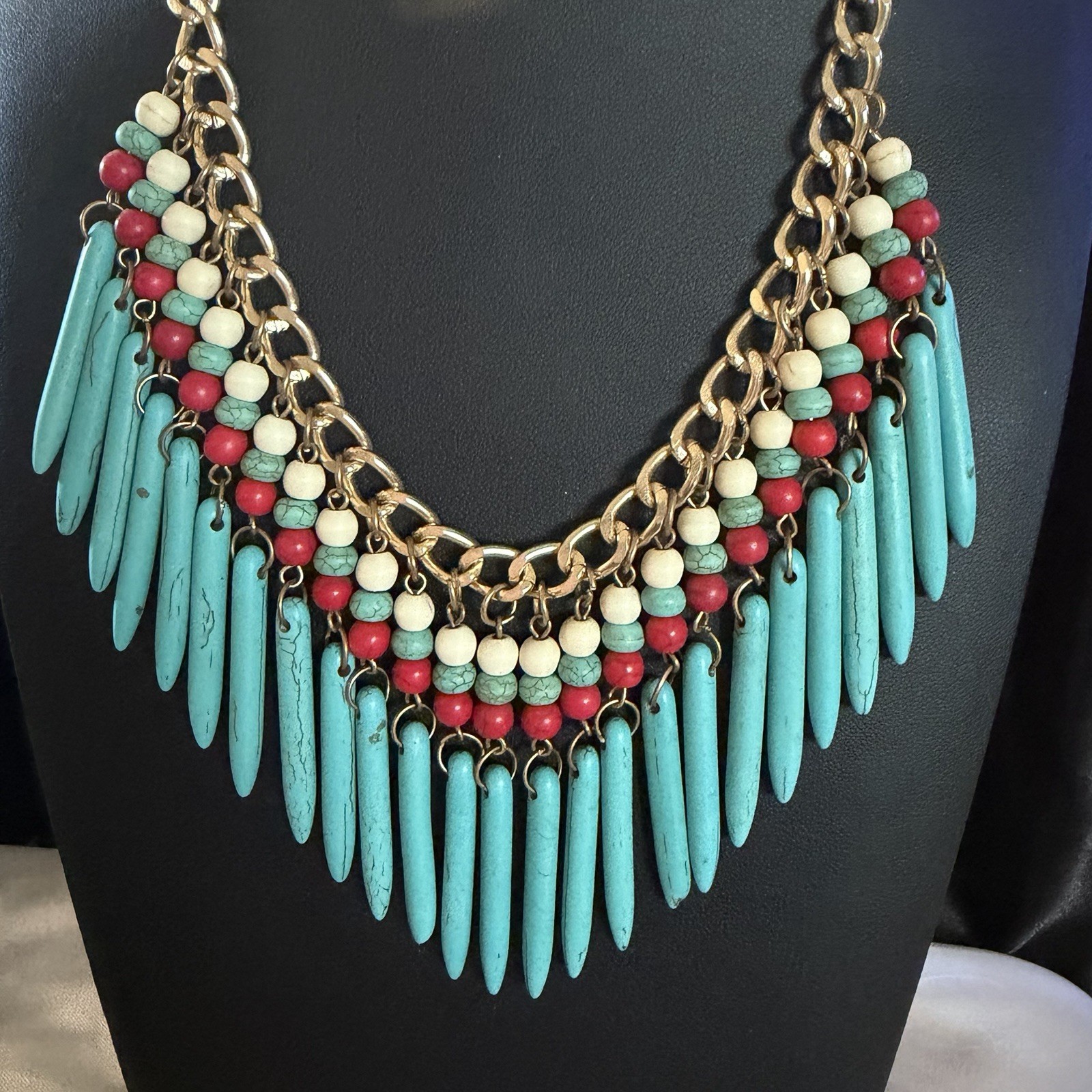 Faux Turquoise Red Coral Beaded Chain Fringe Bib Tribal Necklace Egyptian