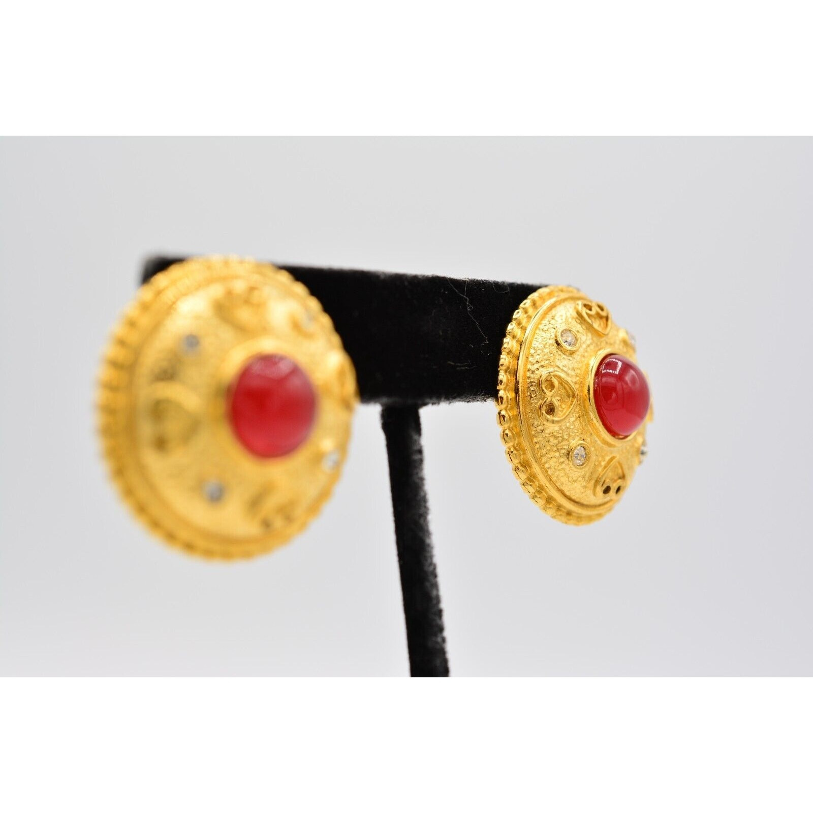 Vintage Chunky Cabochon Post Earrings Brushed Gold Red Crystal NOS 1980s BinA8