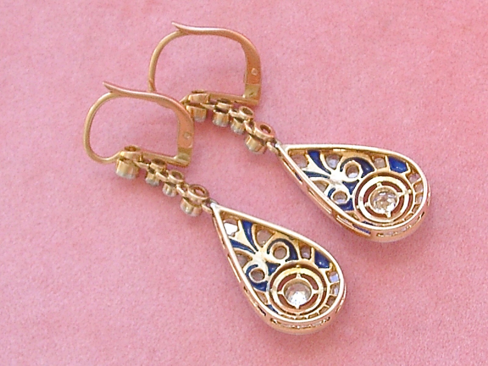 ART DECO 1.04 ctw EURO & ROSE DIAMOND BLUE ENAMEL 18K PLATINUM EARRINGS 1920
