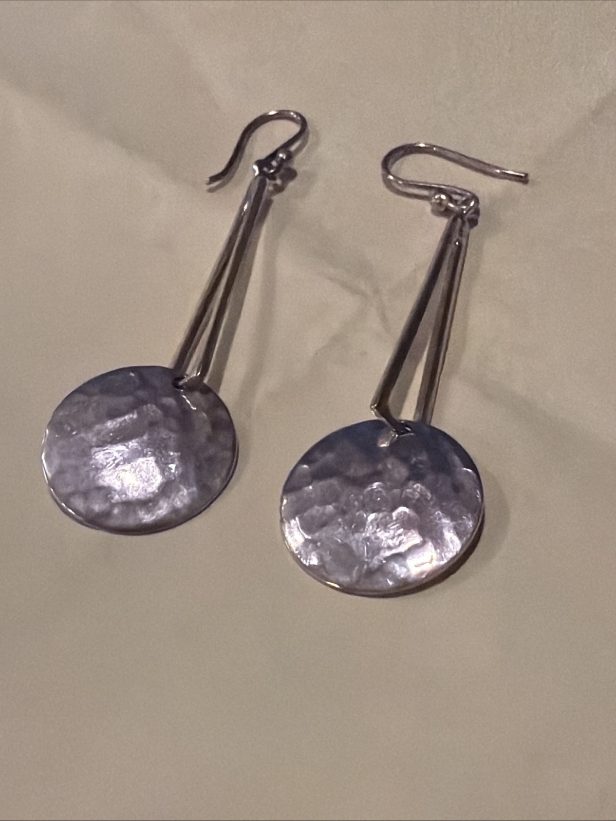 VTG Signed ATI Mexico 925 sterling silver hammered drop hoop Earrings Taxco 3”
