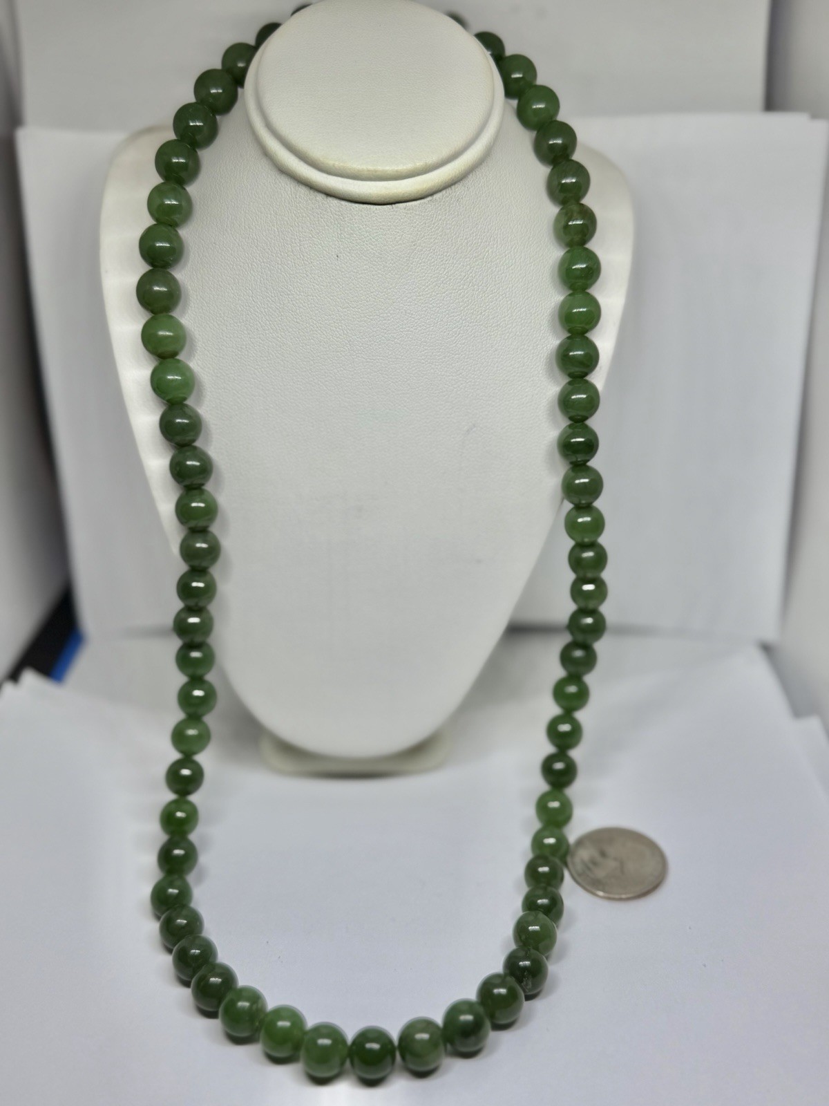 Vintage 8mm Dark Green Jade Beads Necklace Goldtone Clasp 23”