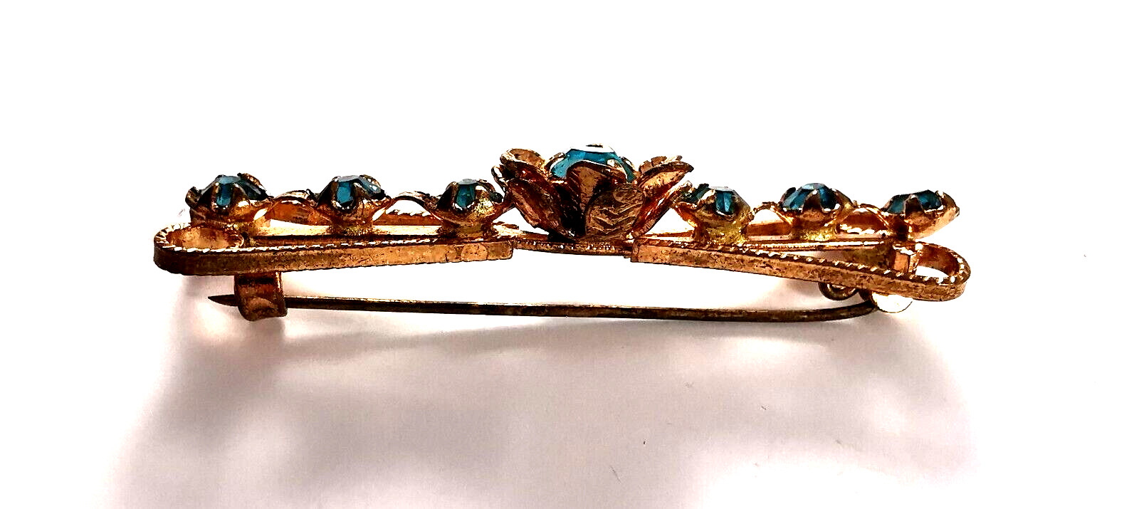 Vintage Brooch Czech Flower Blue Light Glass Rhinestones Gilded Brass Hand Work