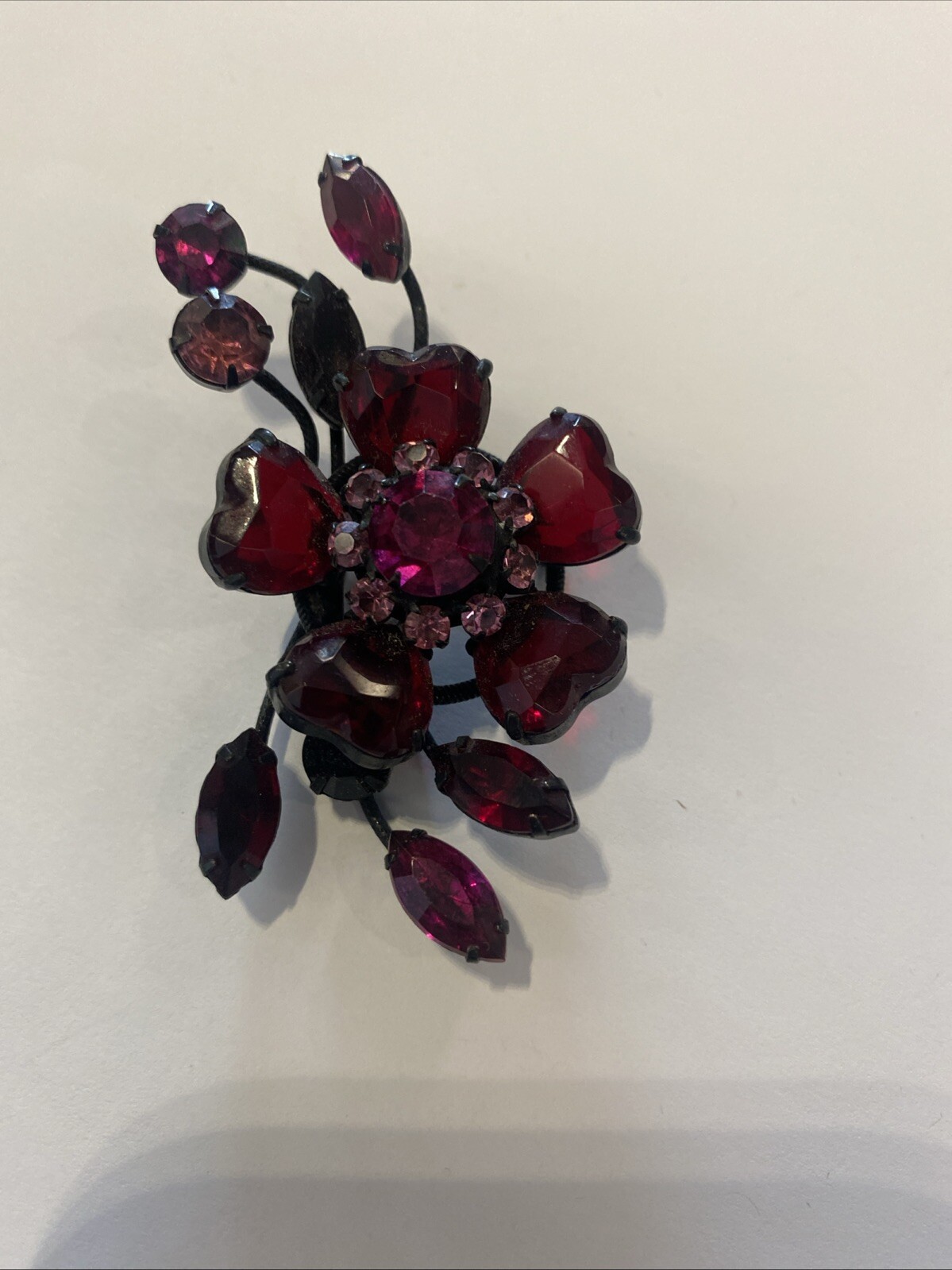 Vintage Unsigned SCHREINER Julian Pink & Fuchsia Flower Red Hearts Pin Brooch