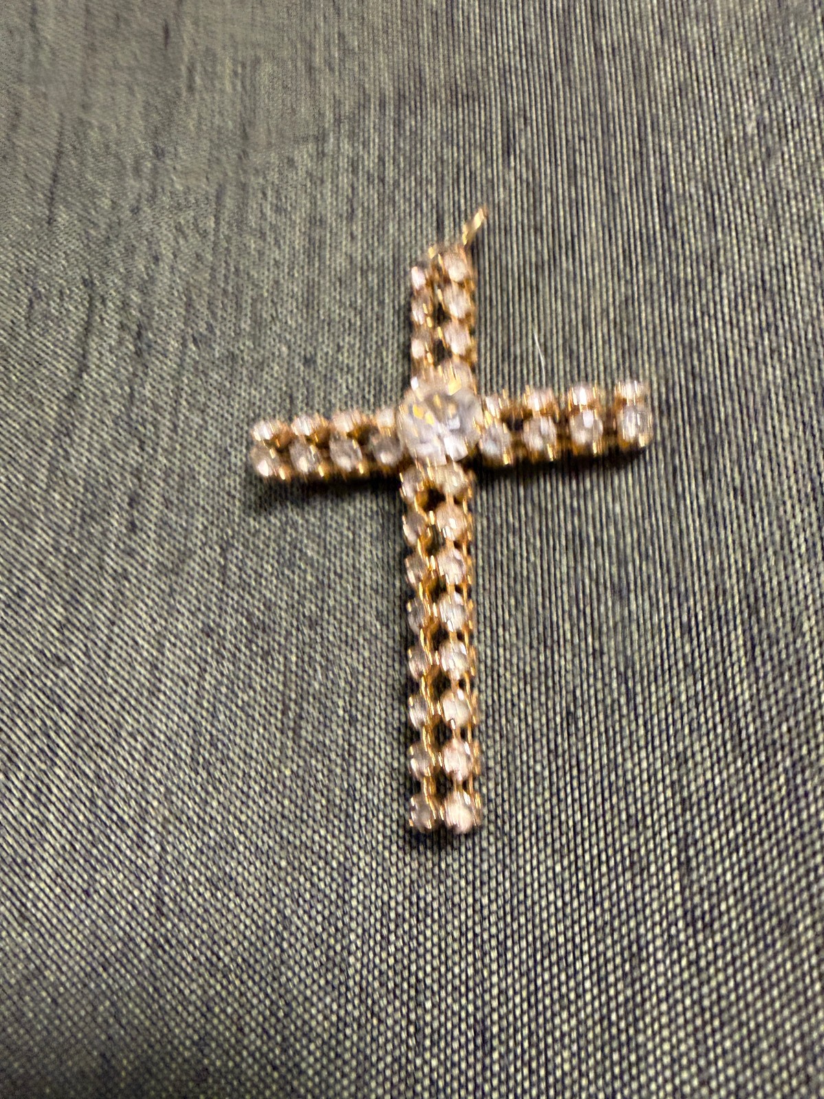 Vintage Metal and White Gem Stone 2″ Cross Pendant Gold Tone