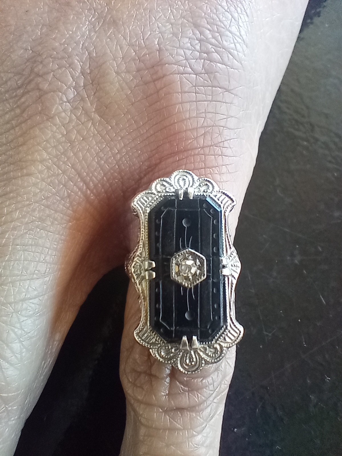 Antique Victorian style 14K White Gold Diamond Onyx Ring 3.59g, Size 4, c 1910