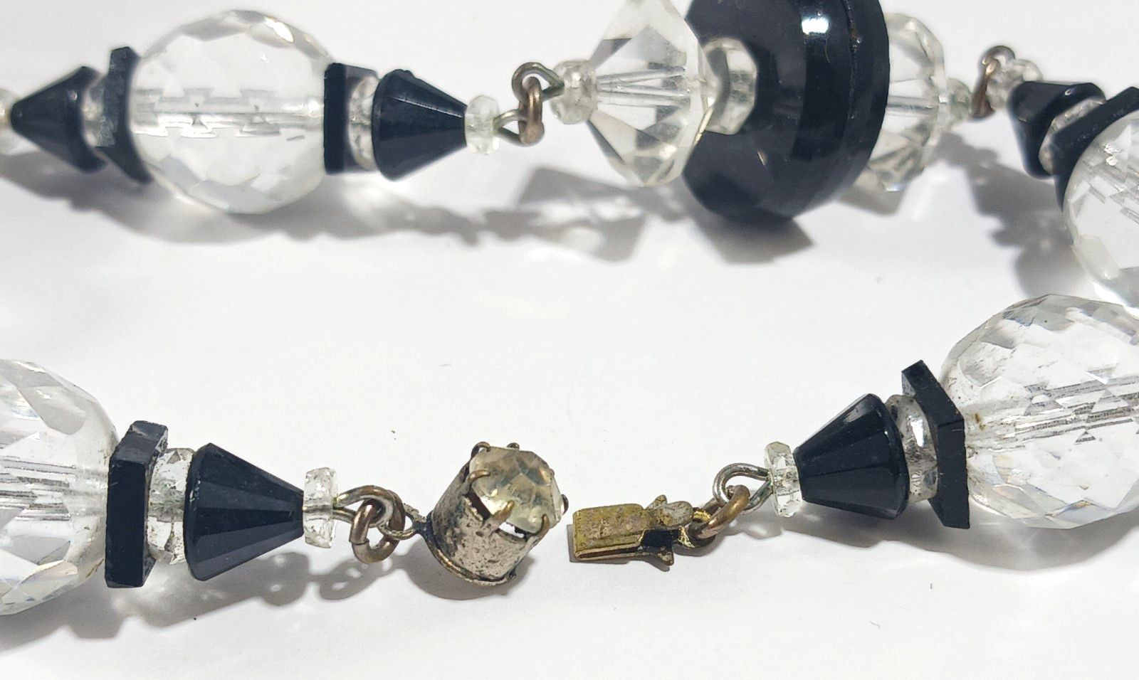 Art Deco Black & Clear Crystal Glass Beaded Necklace ~ 40 Inches