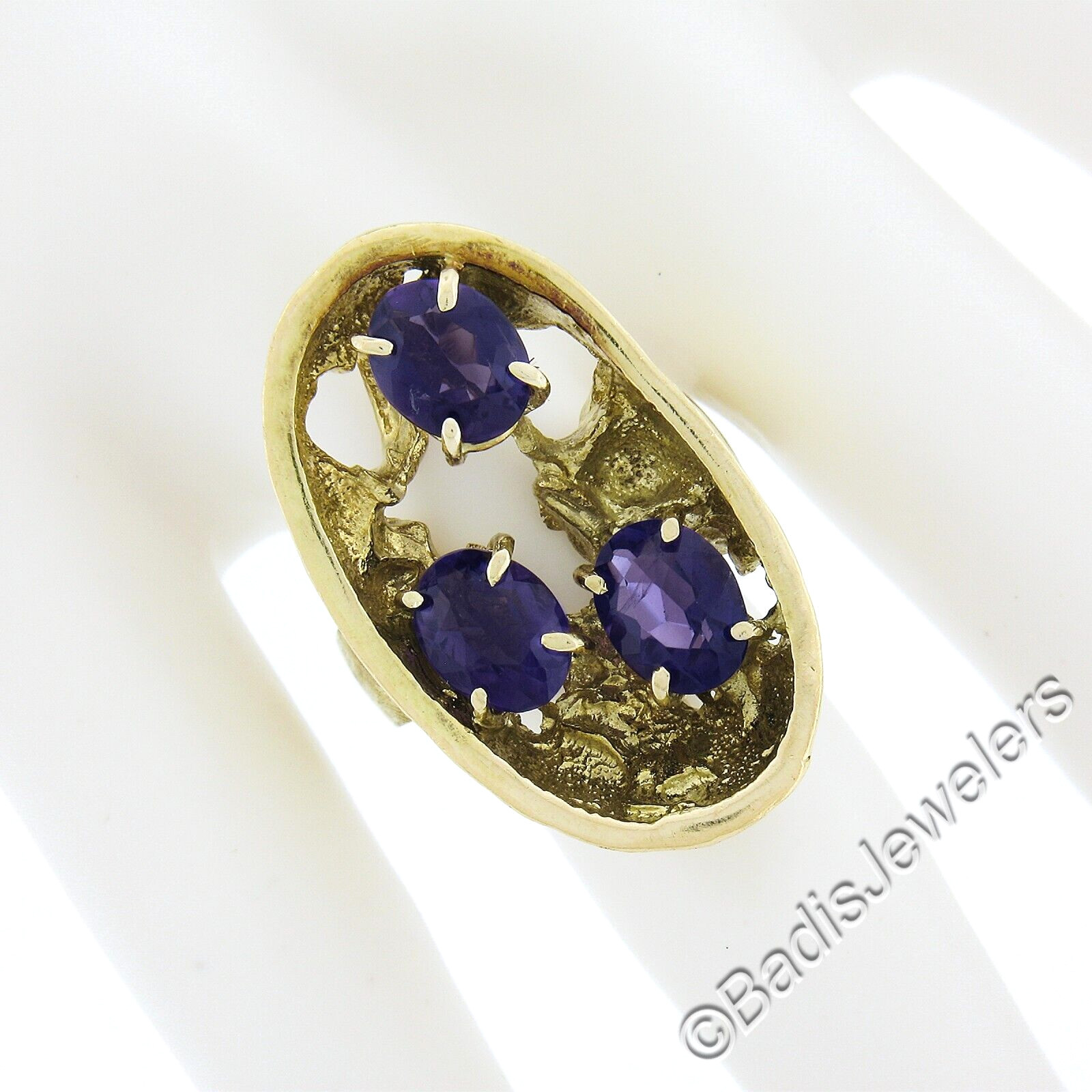 Vintage Yellow Gold 3.75ctw Oval Amethyst Open Textured Freeform Artsy Ring