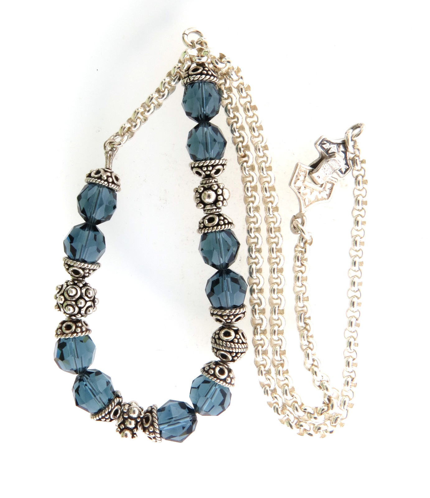 Sterling Silver Blue Crystal Beaded Necklace 10mm 17.5″
