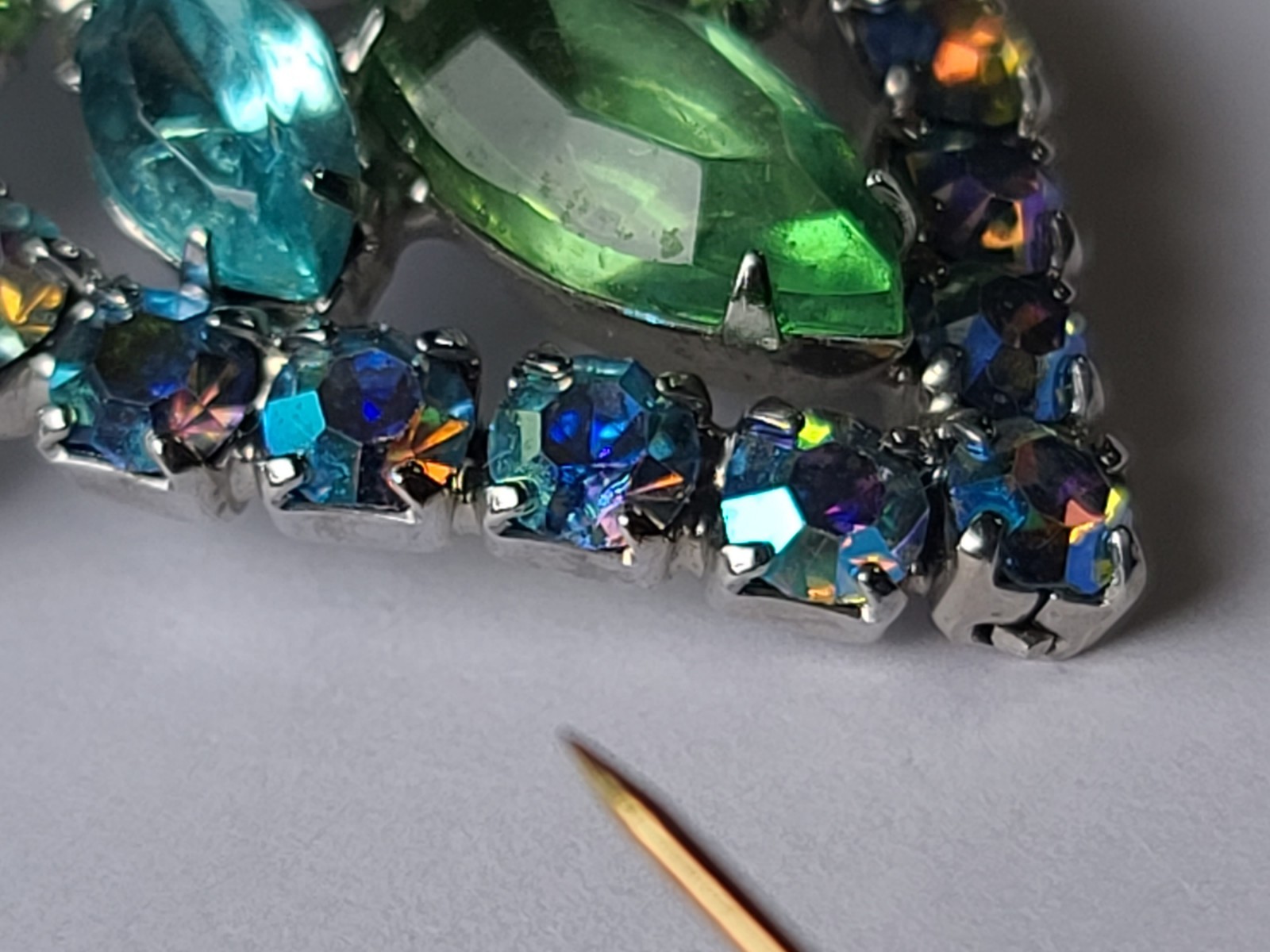 VTG MCM Aque Blue & Lime Green Rhinestone Leaf Brooch Pin (Some AB Finish)