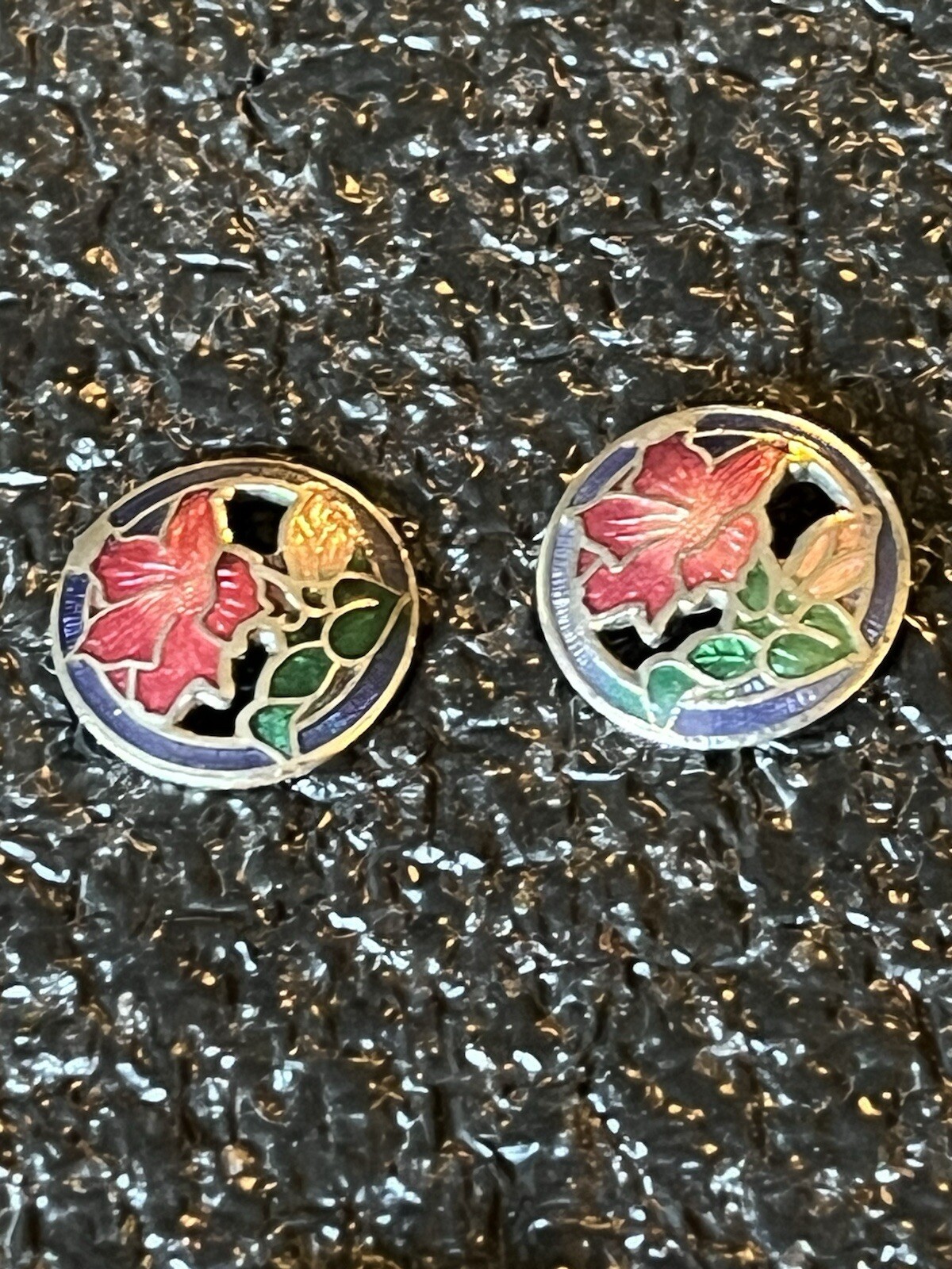 Pierced Earrings. Unknown Metal. Silver With Floral Inlay.