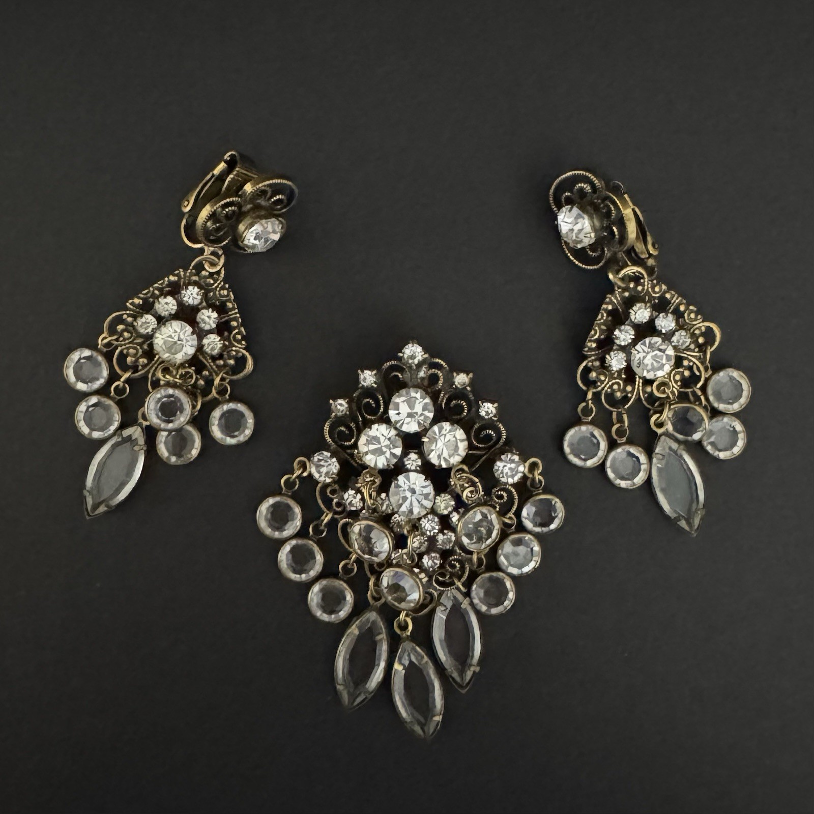Vintage Hobé Signed Victorian Revival Filigree Brooch Pendant & Earring Set