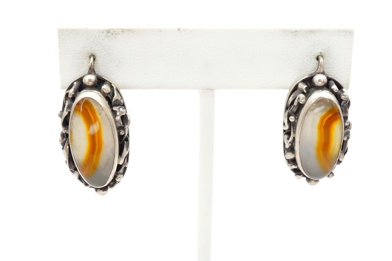 Vintage Sterling Silver 925 Agate Earrings Modernist Brutalist