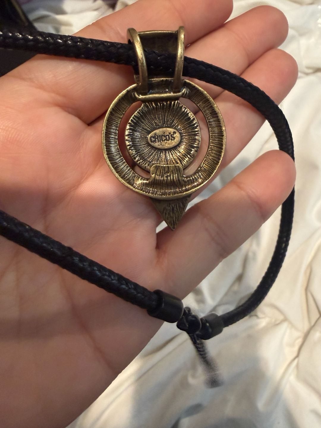 Chico’s Vintage Gold-Tone Mosaic Geometric Pendant Necklace on Black Cord