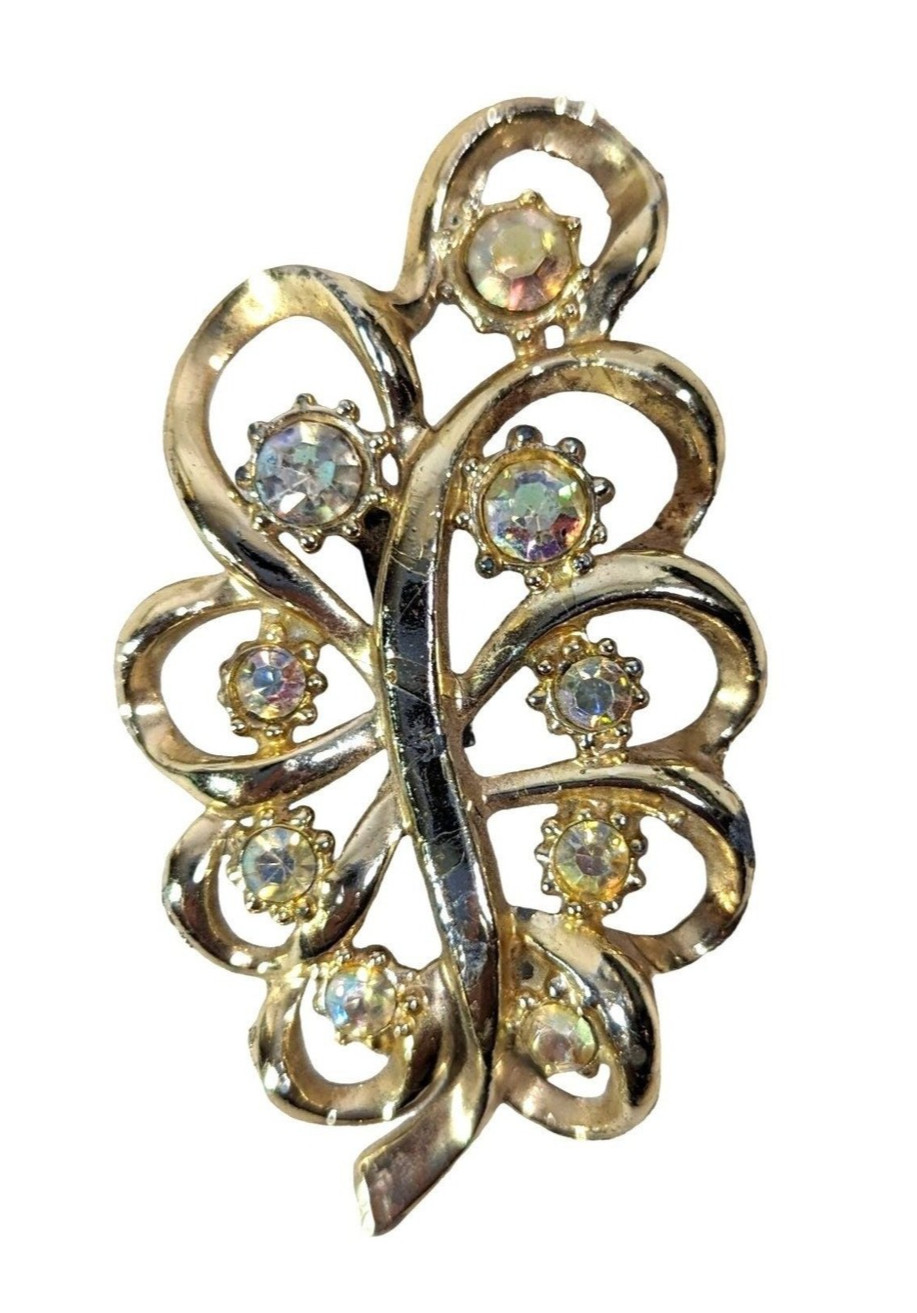 Gold Tone Swirl Leaf Brooch Pin Vintage 1960s Clear Rhinestones 2″ x 1.5″ Gift