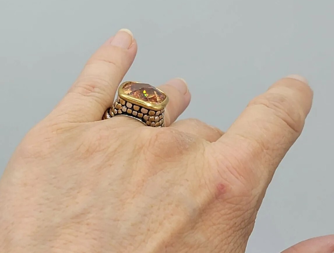 Vtg Sz 8 Ring Lg Citrine Topaz Cubic Zirconia Roman Brutalist Theme Jewelry Dot