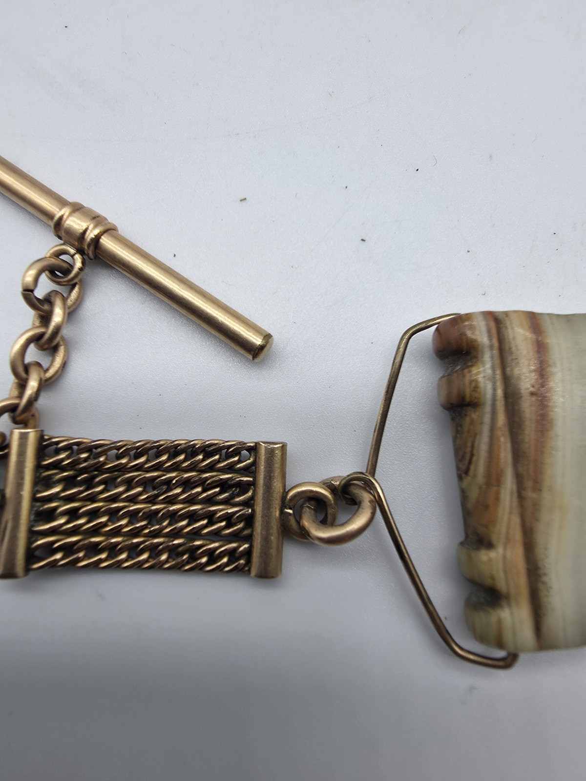 Antique Victorian Gold Filled 4 Strand Mesh Watch Fob Chain Slide Carved Agate