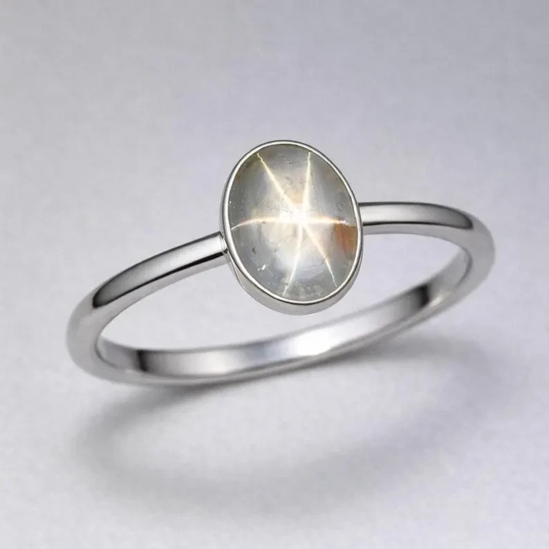 Natural White Star Sapphire Ring 925 Sterling Silver Minimalist Ring