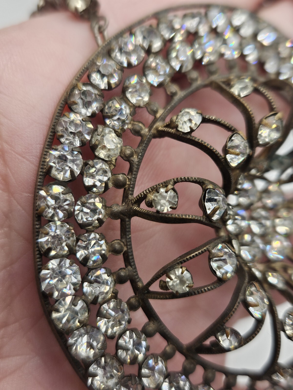 As Is Vintage Silver Tone Clear Rhinestones Ornate Pendant Collar Necklace
