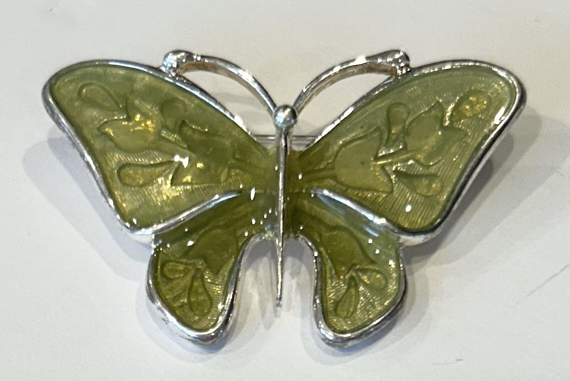Anne Klein Lime Green Enamel Butterfly Brooch/Pin Silver Tone