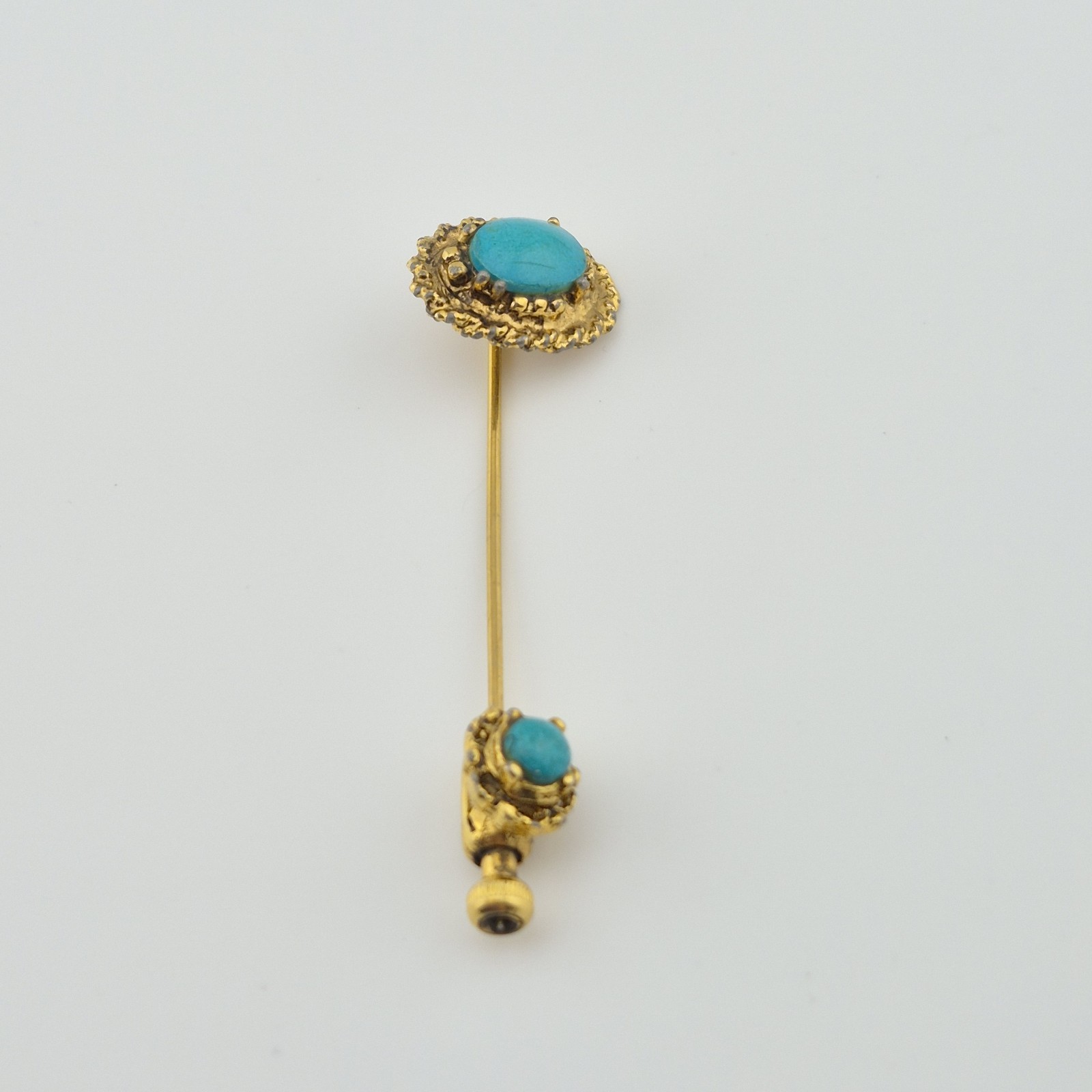 Vintage Ornate Gold Tone Turquoise Stick Pin Lapel Hat Pin with Safety Clutch