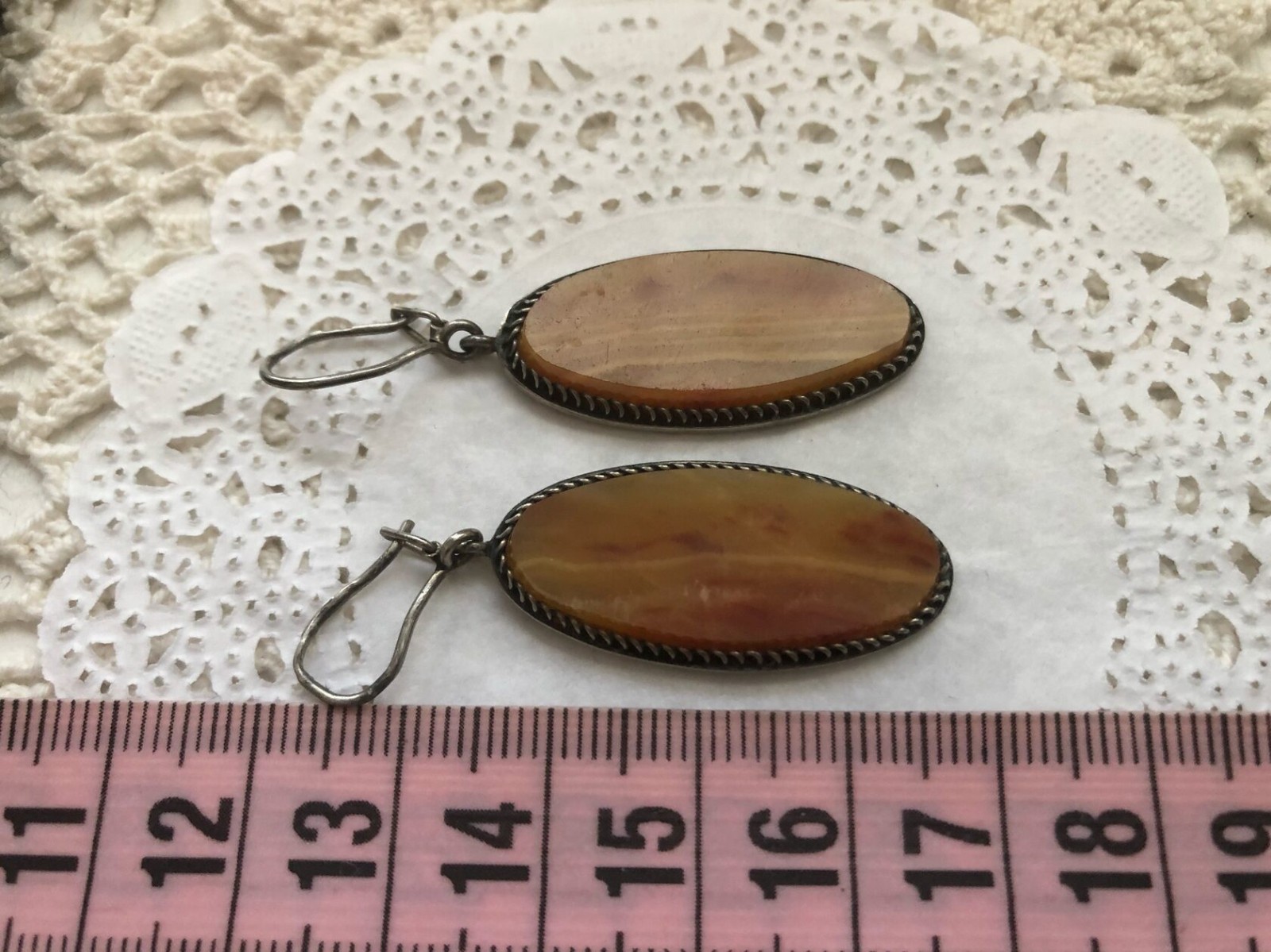 Estate Vintage Marquise Earrings Sterling Silver 875 Soviet Agate Stone USSR