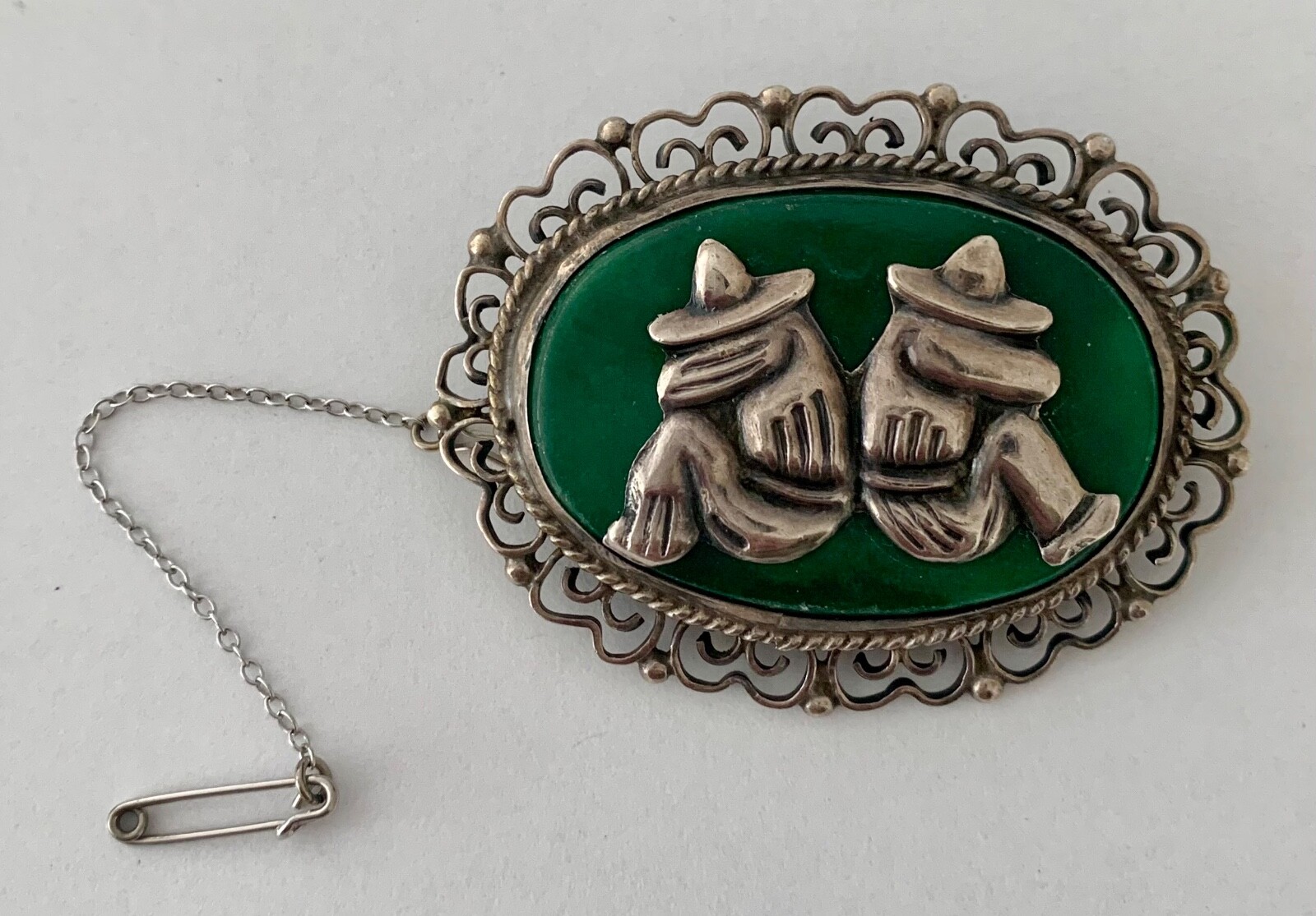 Vintage Mexico Sterling Silver & Green Onyx Siesta Brooch with Safety Clasp