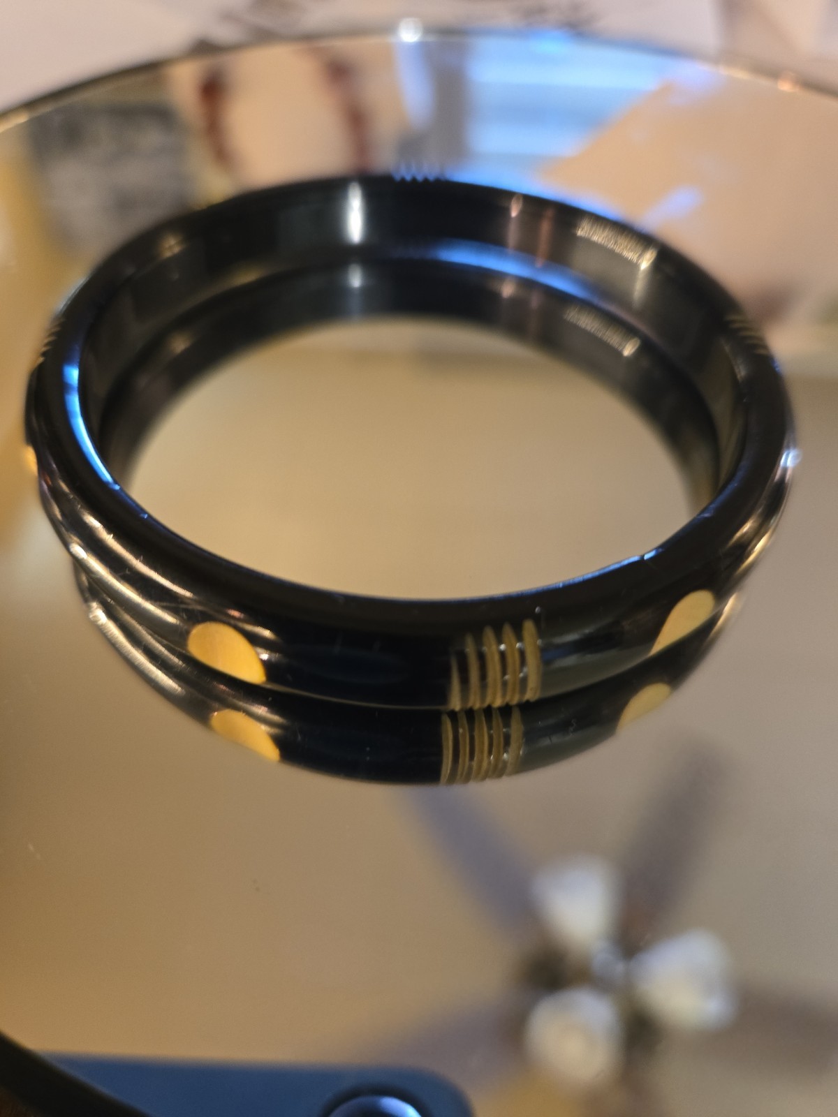 Vtg 1960s Retro Black And Butterscotch Polka Dot Lucite Bangle Bracelet