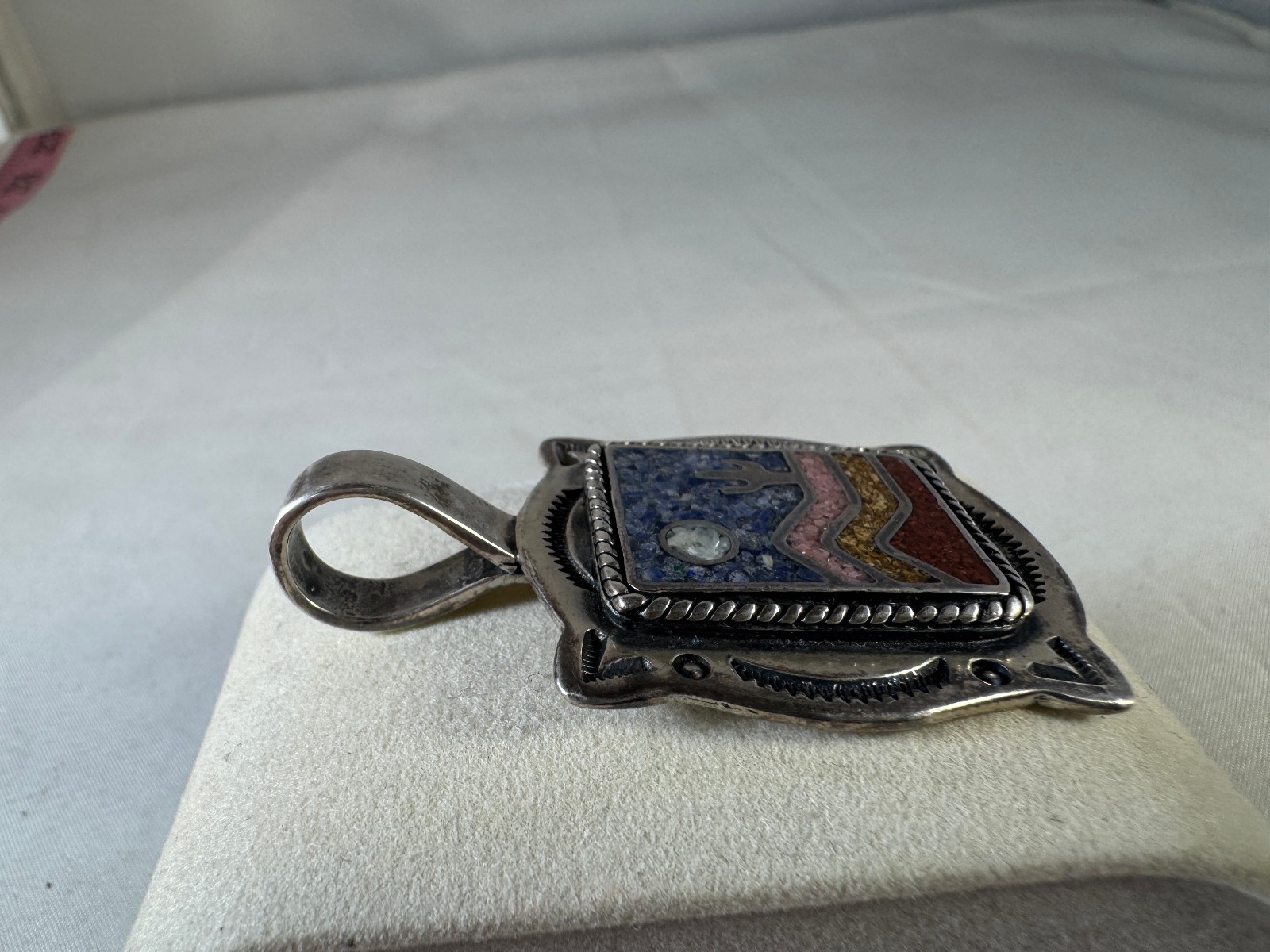 Vintage CJ Sterling Silver Inlay mosaic stone in landscape design pendant
