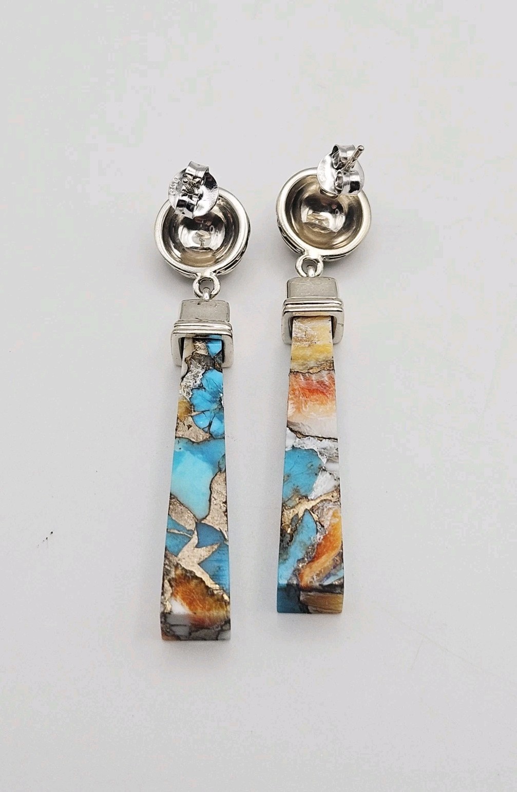 BBJ Sterling Silver Turquoise & Spiney Oyster Shell Dangle Earrings 2.20″