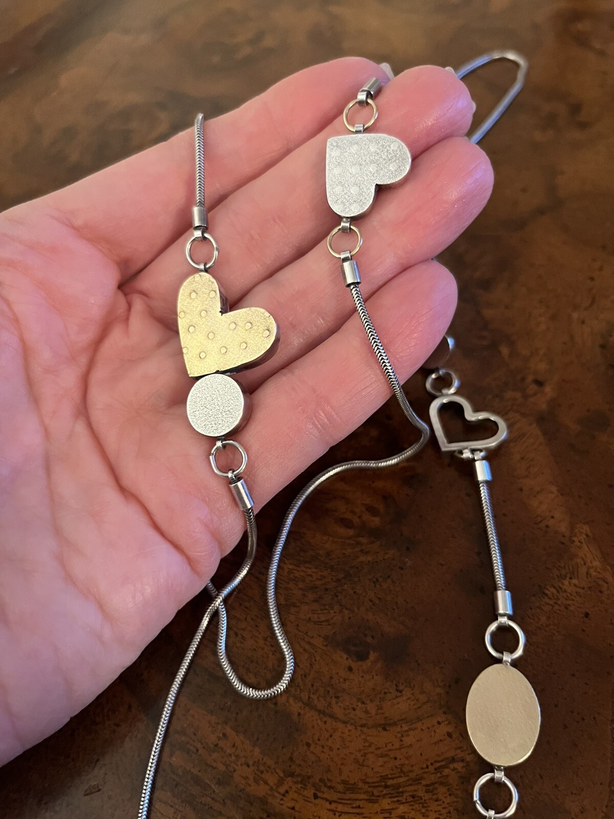Vtg Estate Mid Century Modernist Textured Sterling Gold Hearts Station Necklace