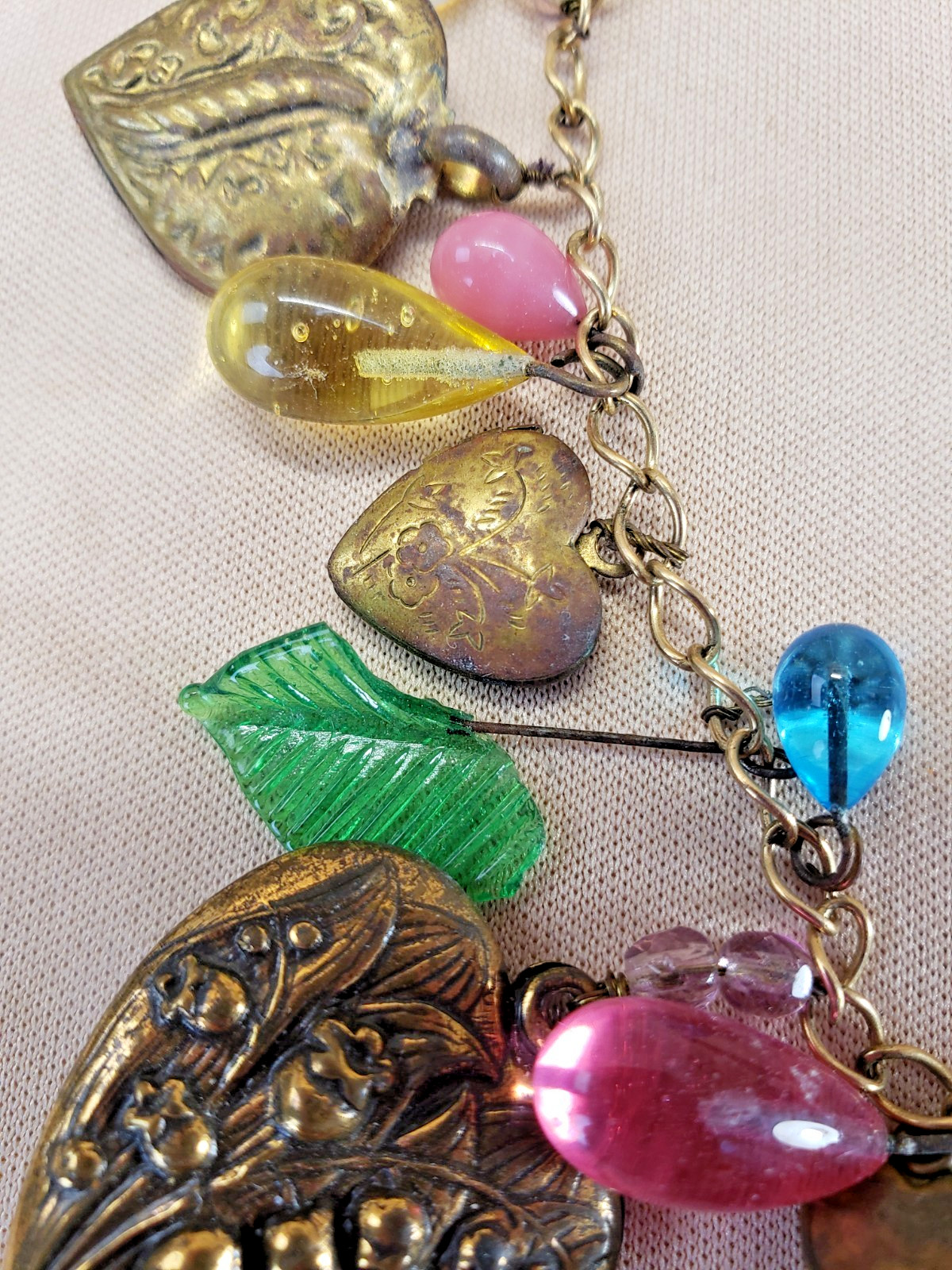 Vintage Ornate Hearts and Glass Charms Necklace Glass Works Studio Style AS IS
