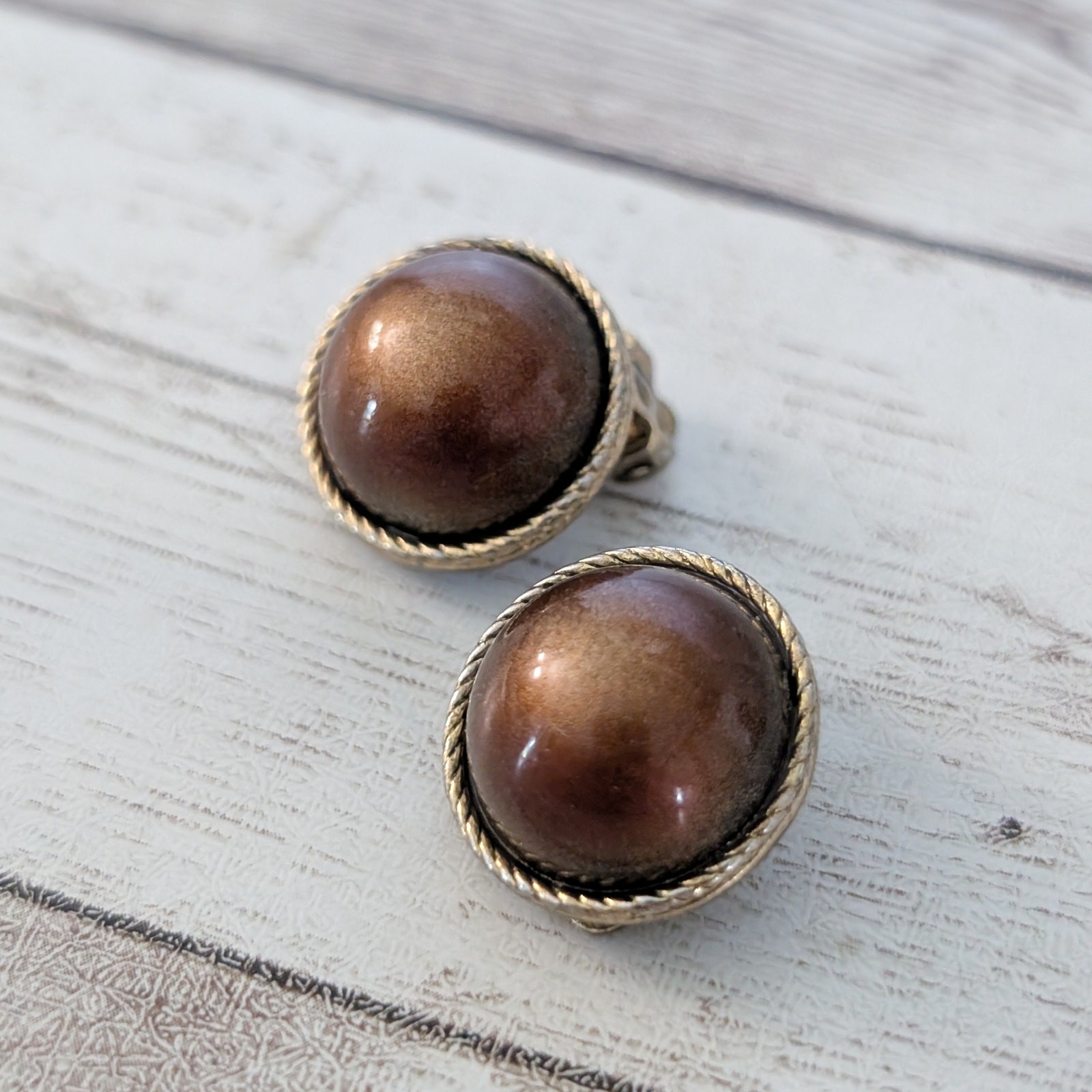 Vintage Clip On Earrings Domed Metallic Brown with Gold Tone Halo