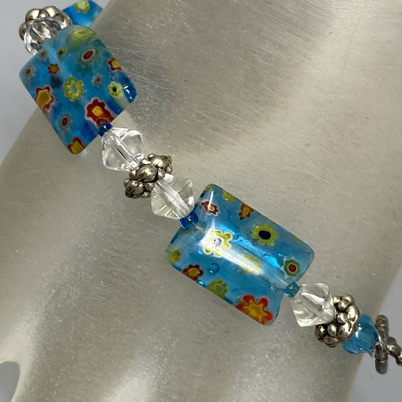Millefiori Glass Bead Bracelet Blue Multicolor Flowers Clear Bicone Crystals 7.5