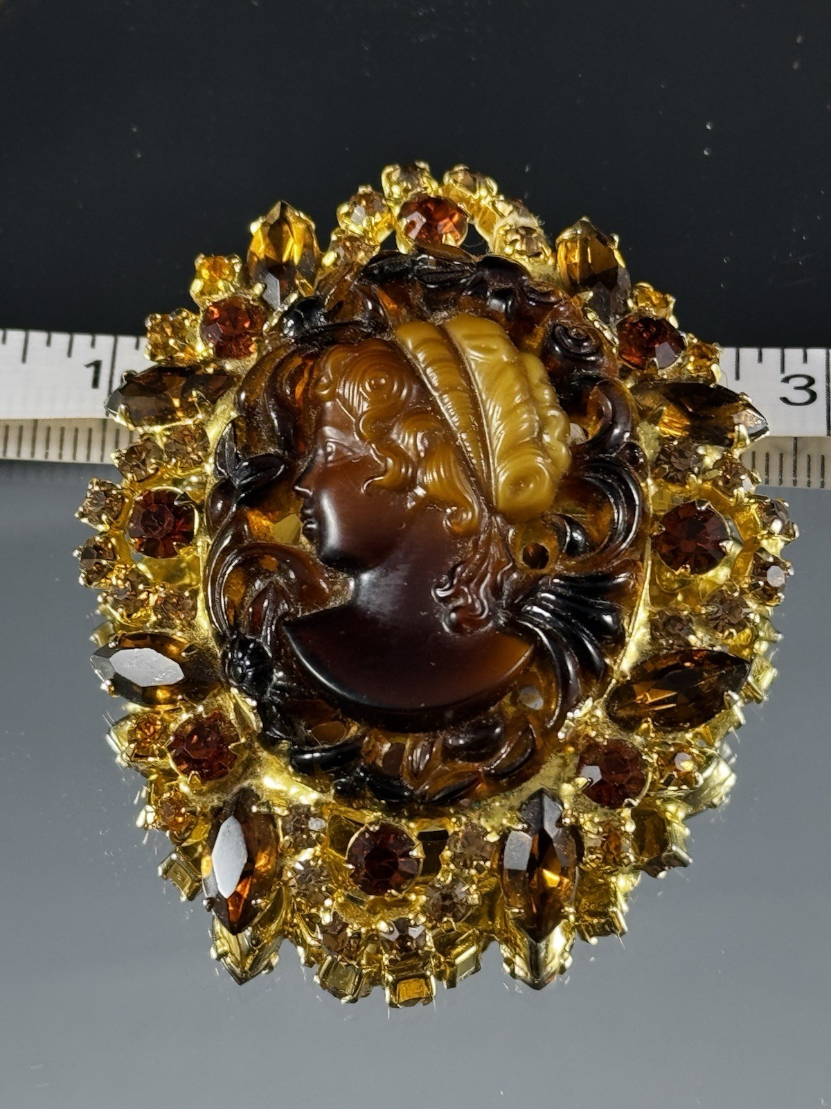 Vintage JULIANA CAMEO SET TORTOISE FAUX TOPAZ RHINESTONES BROWN WITH GOLD TONE