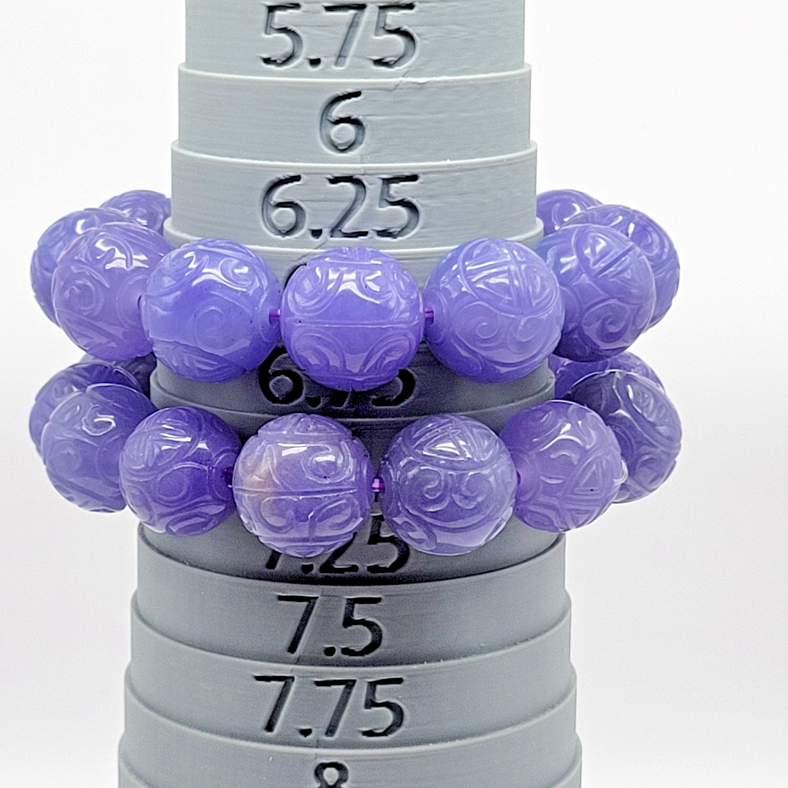 Vintage Estate Pair of Lavender Jade Carved Longevity Bead Bracelets 17.5mm 18mm