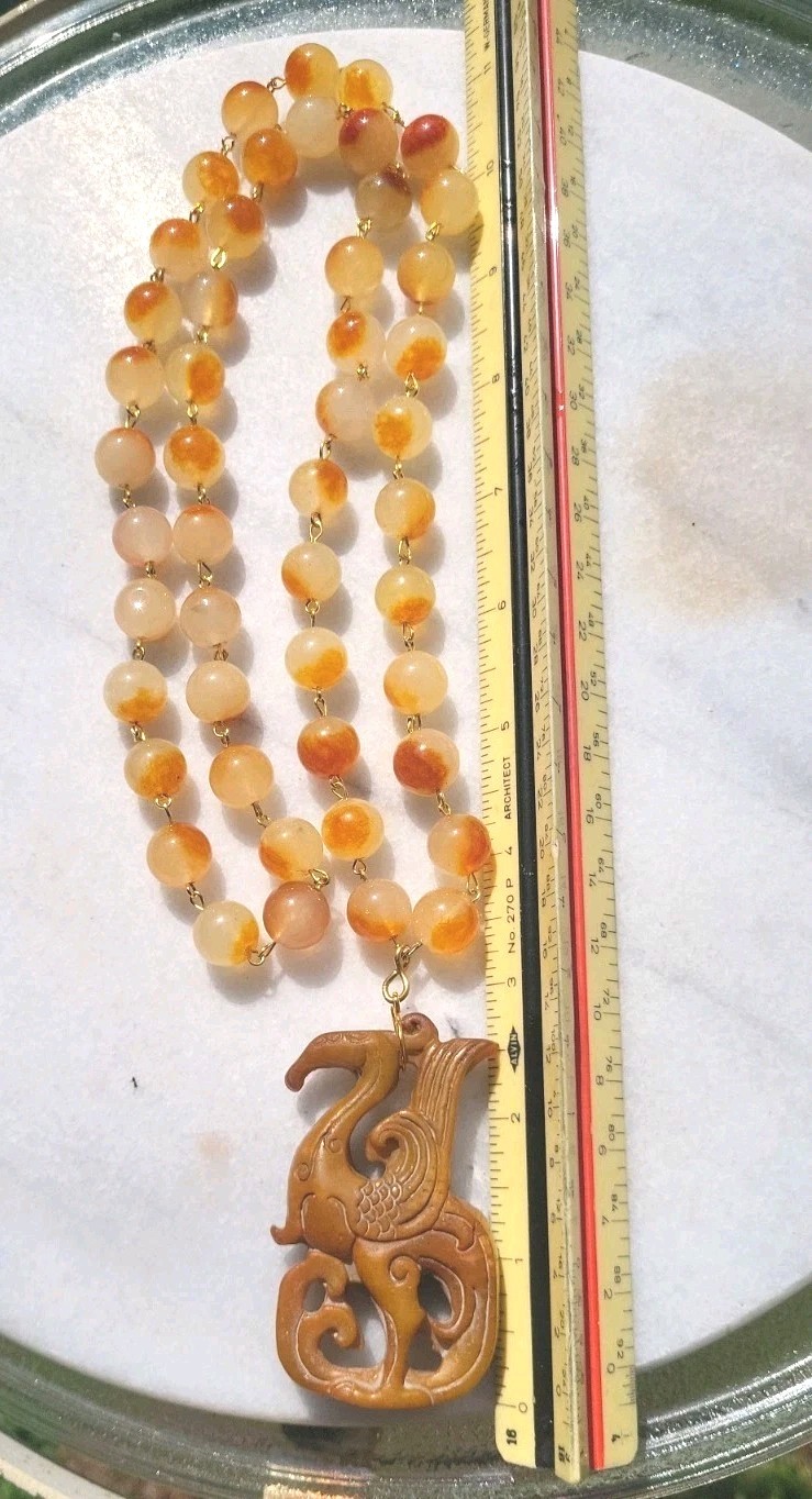 VINTAGE CARVED JADE PHOENIX DRAGON PENDANT JADE GEM BEAD WIRE NECKLACE SET OOAK