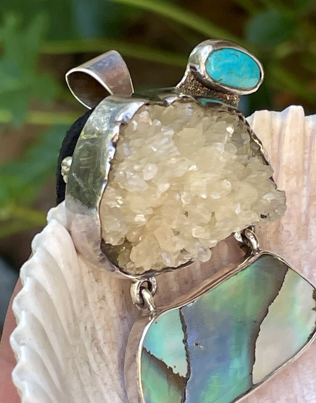 🎥Rock Crystal Rainbow Abalone Turquoise 2″ Pendant Brooch Mex Sterling Silver