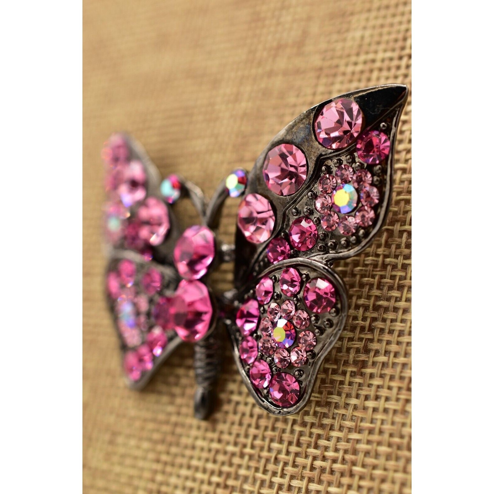 Vintage Crystal Butterfly Pin Brooch Pink Rhinestone Gunmetal Sparkling 90s Bin4