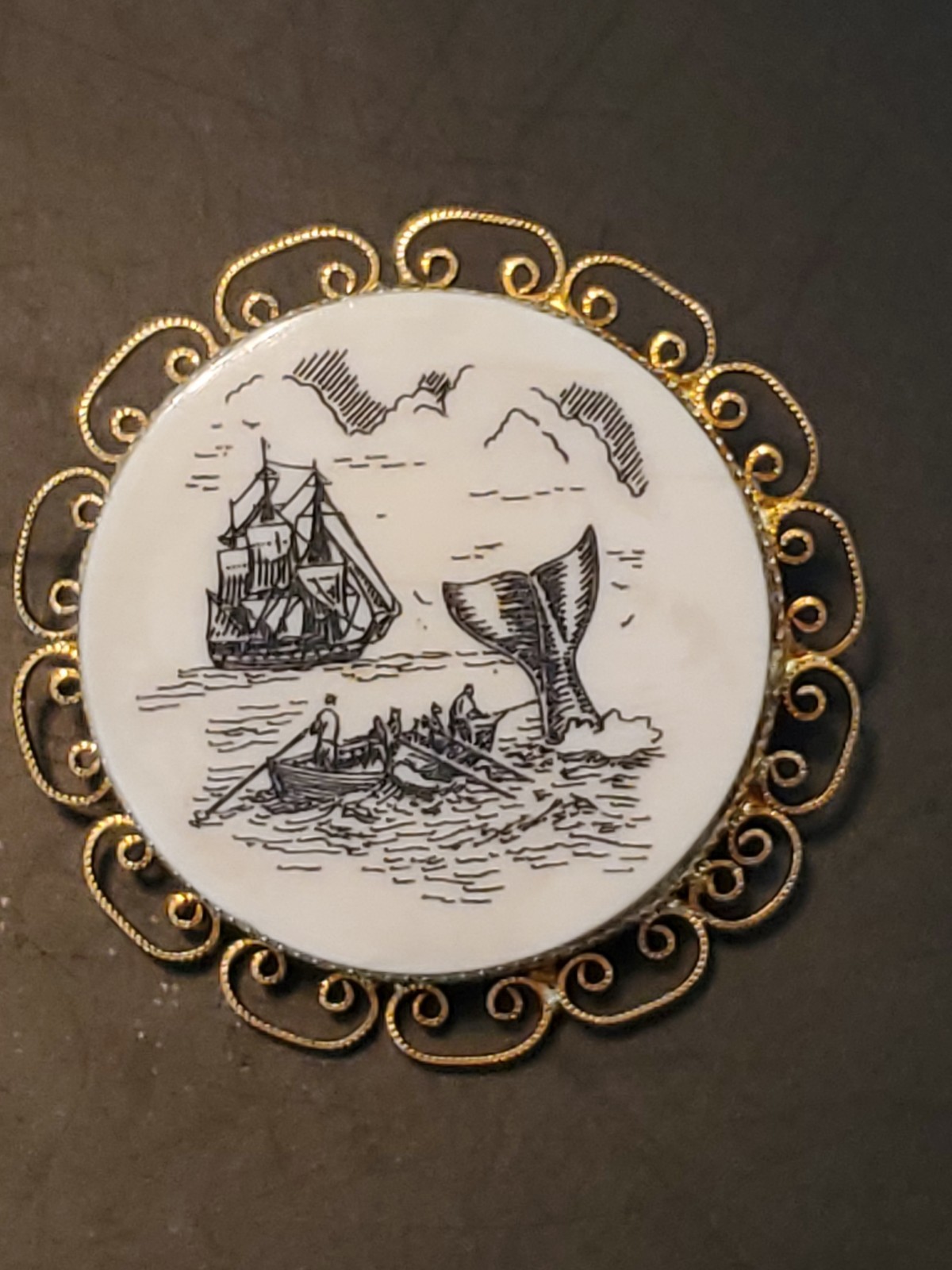 Vintage Scrimshaw Style Whale and Ship Brooch Pendant Gold Tone