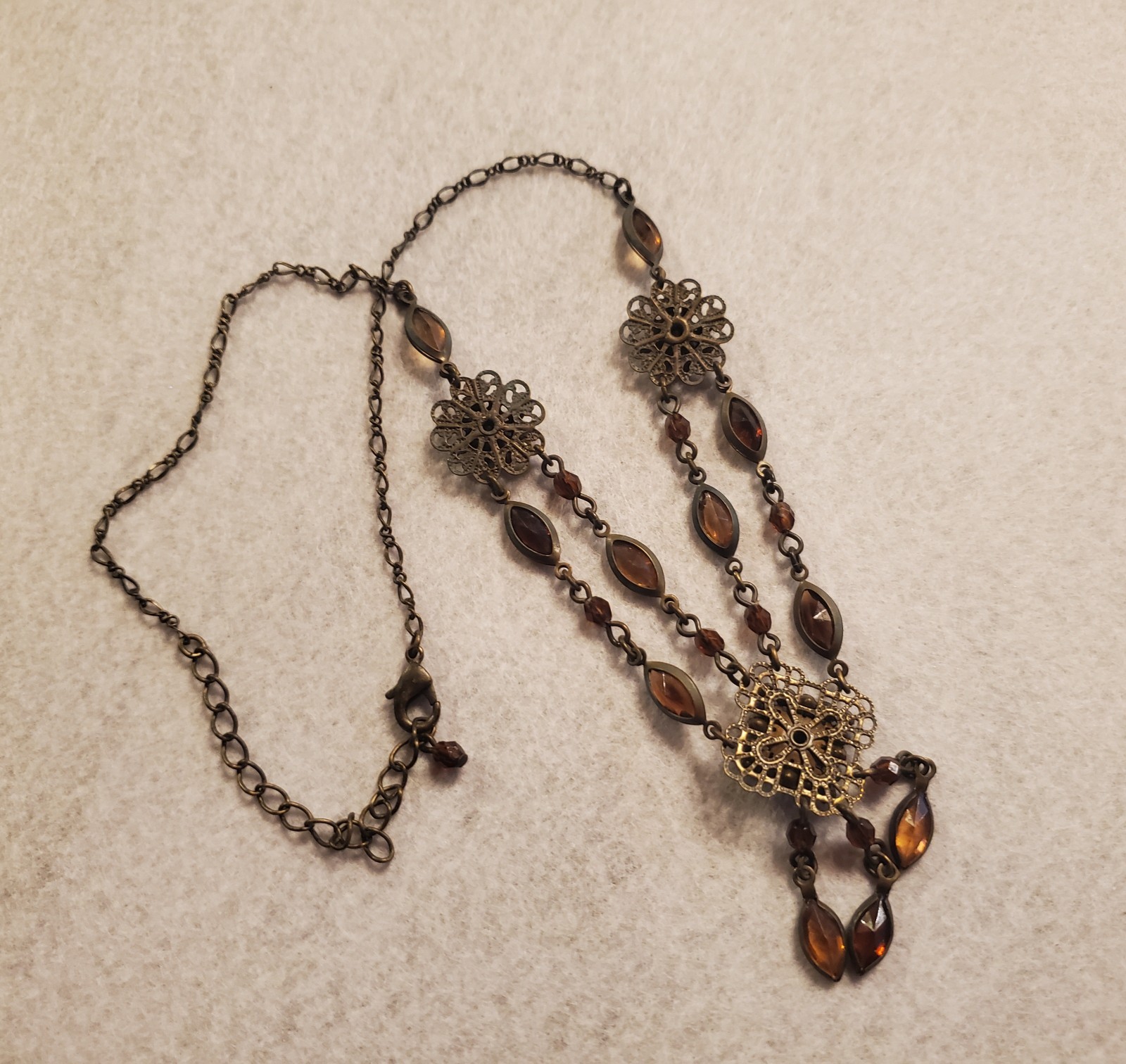Vintage Filigree Necklace With Brown Topaz and Citrine Rhinestones