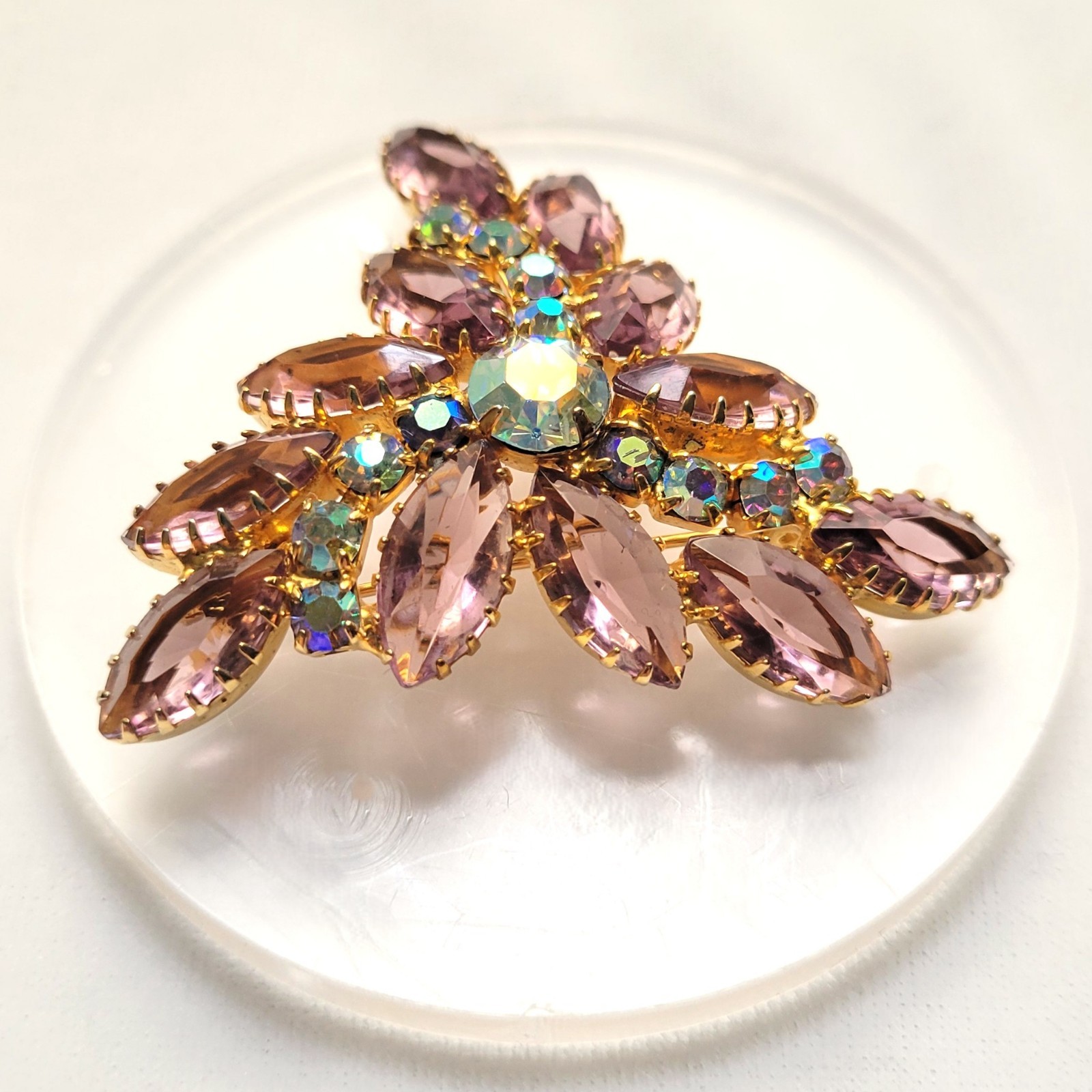 Vintage Lavender Navette Rhinestone Floral Spray Brooch AB Gold Tone 1960s